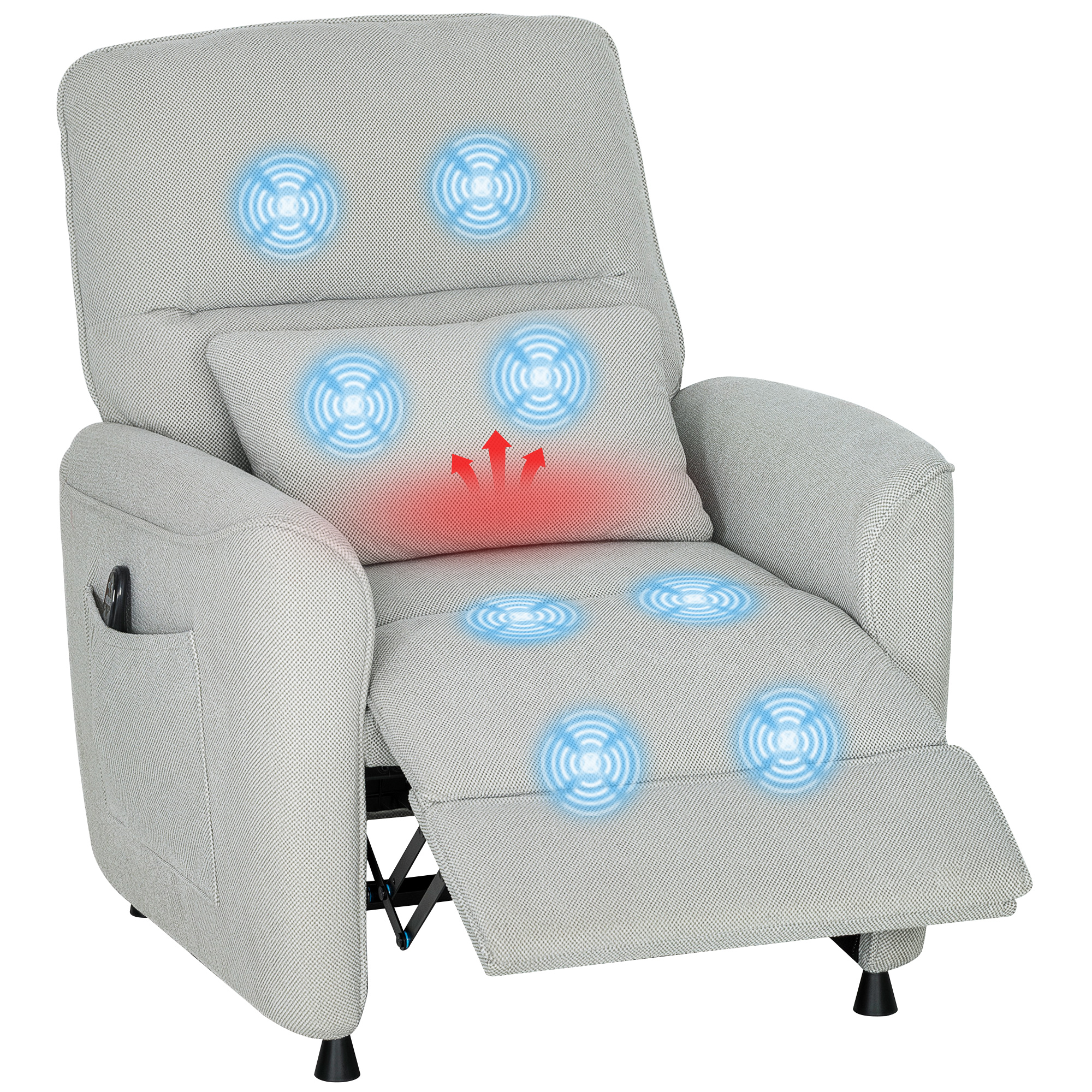 Poltrona reclinabile grigio chiaro con zone massaggianti indicate da cerchi blu e calore rosso.