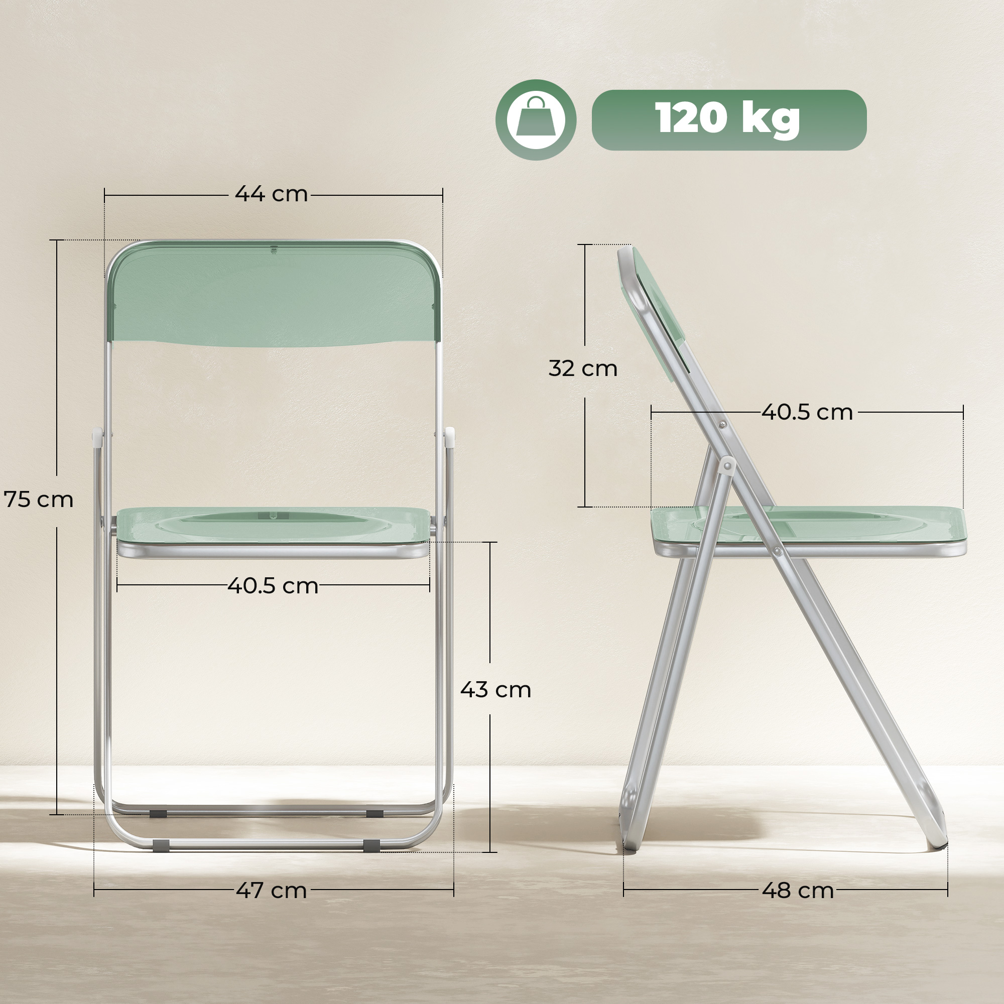 Una sedia pieghevole verde con telaio argentato, che mostra le dimensioni.