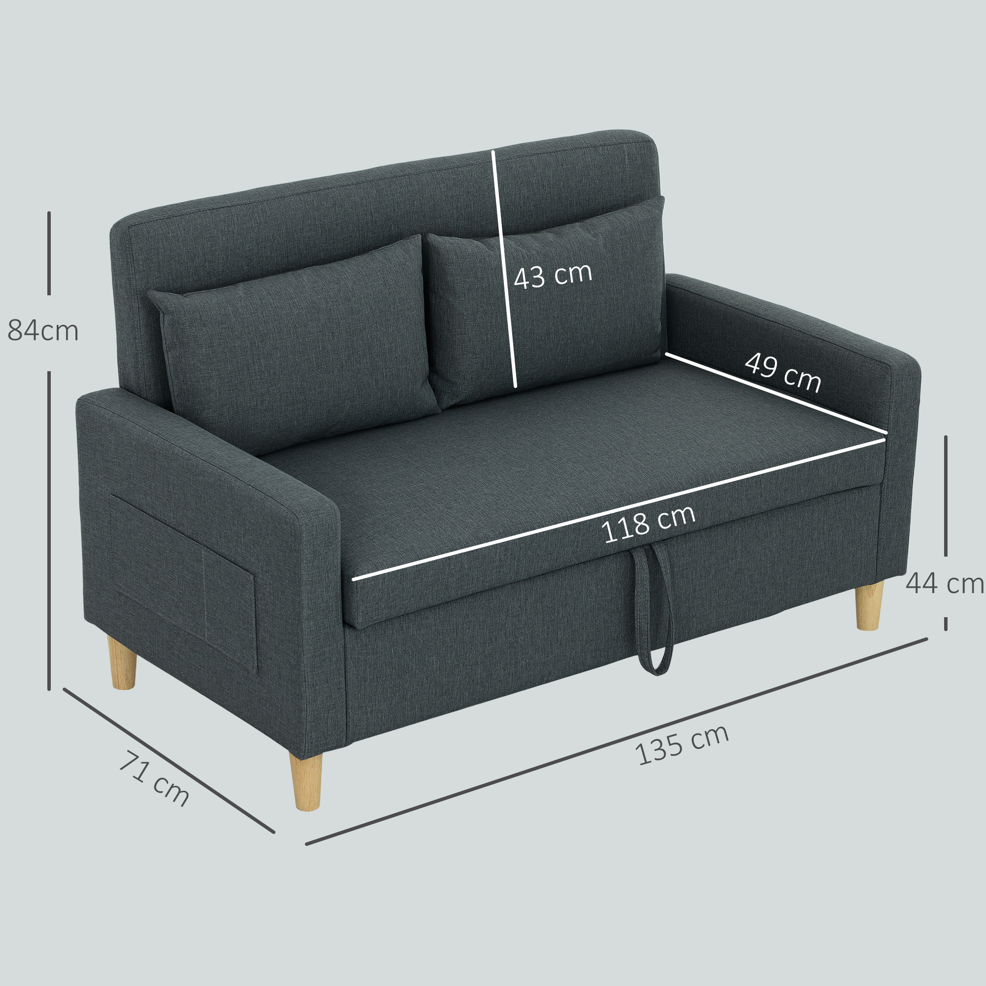 Un divano grigio scuro con dimensioni e gambe in legno.