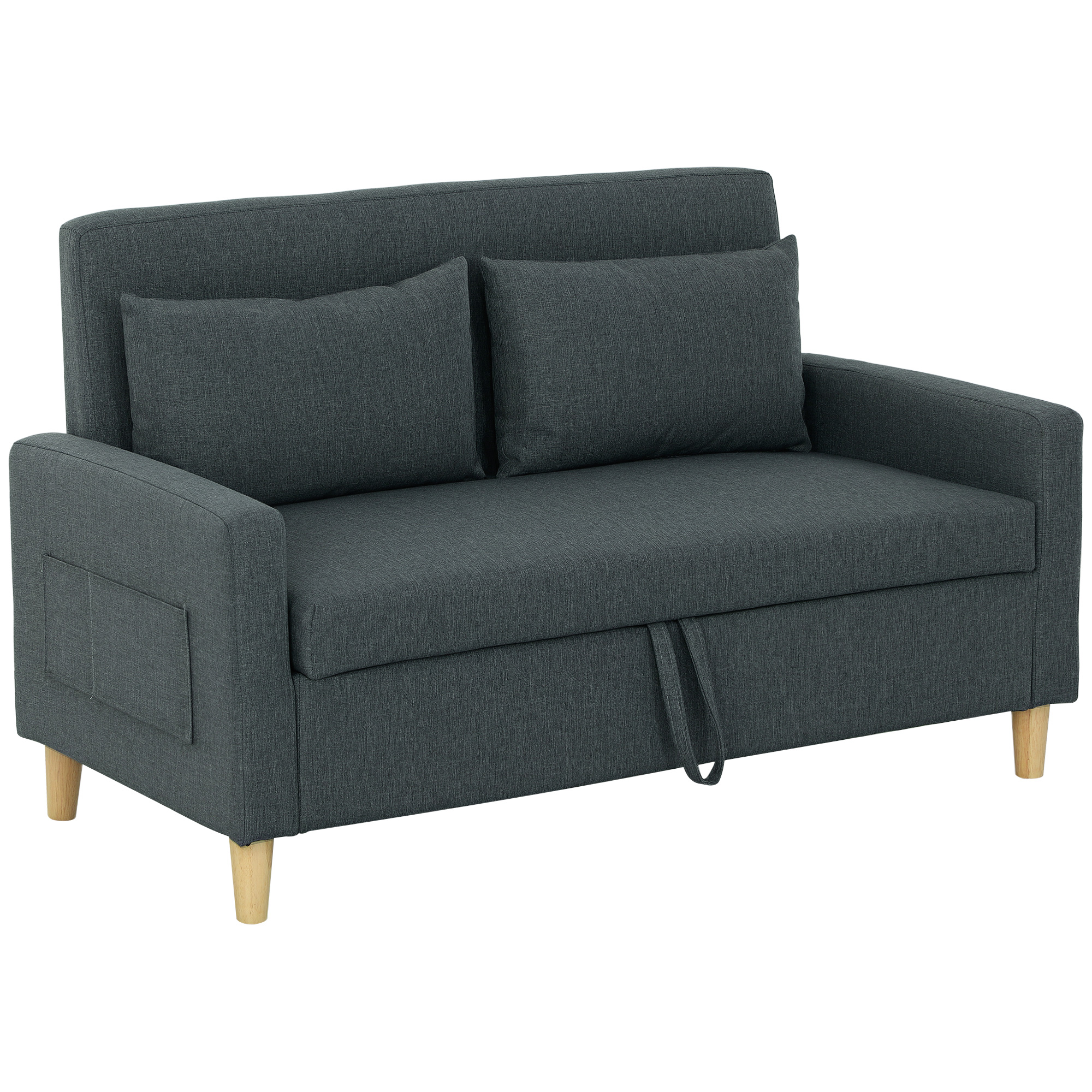 Divano letto grigio scuro con due cuscini e gambe in legno. È visibile una maniglia.