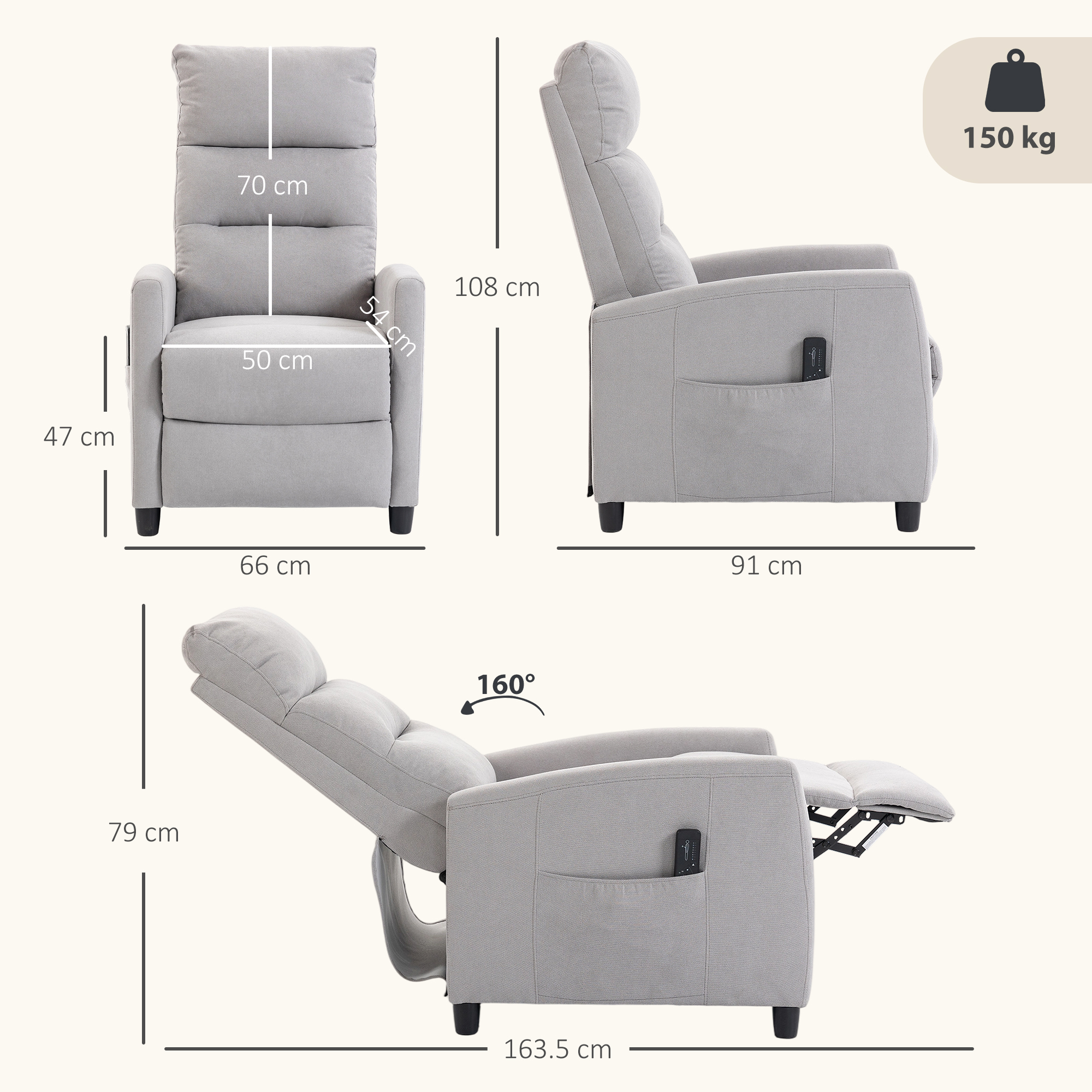 Poltrona reclinabile grigio chiaro con dimensioni e capacità 150 kg.