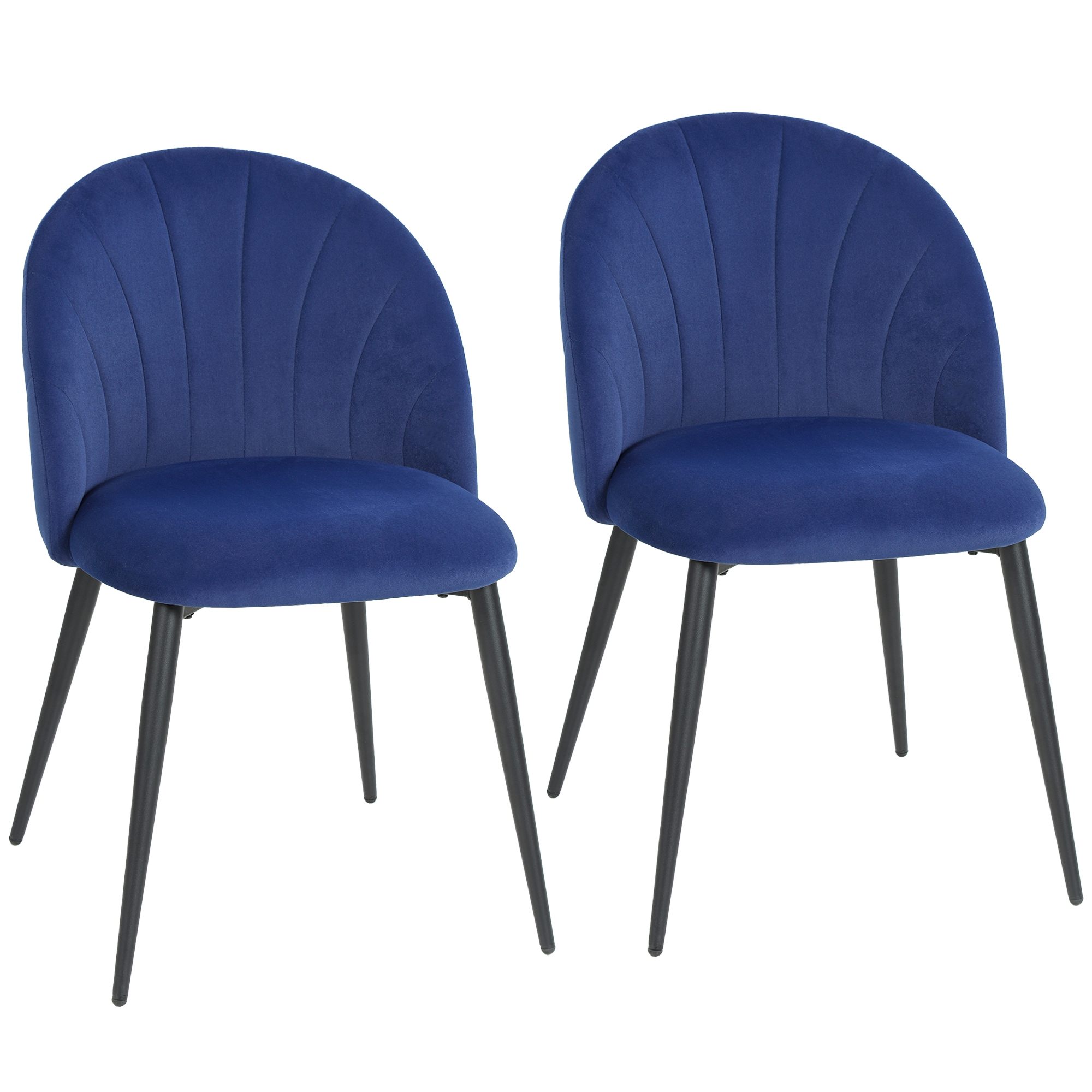 Due sedie in velluto blu con schienale a conchiglia e gambe nere.