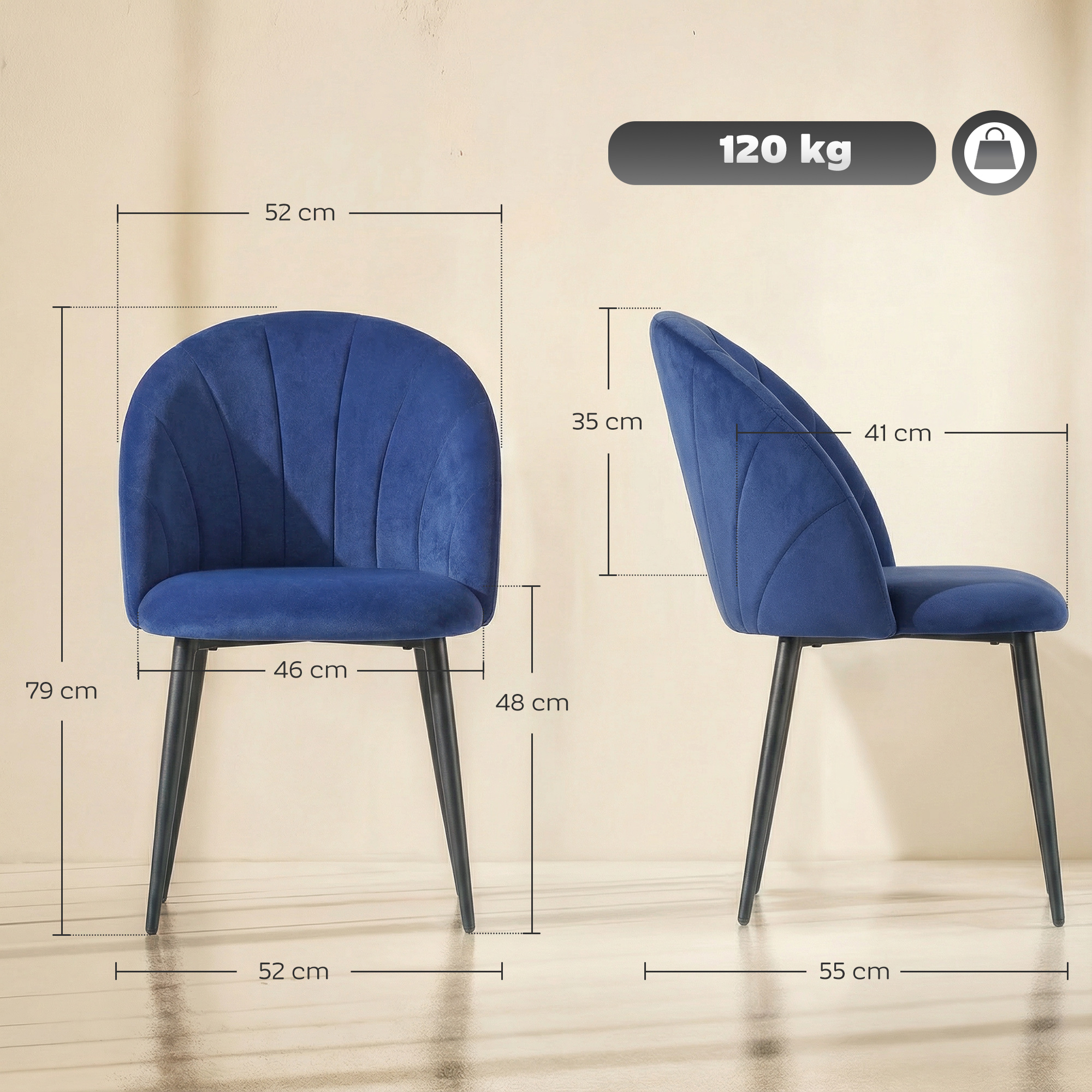 Sedia blu in velluto con dimensioni. Carico max 120 kg.