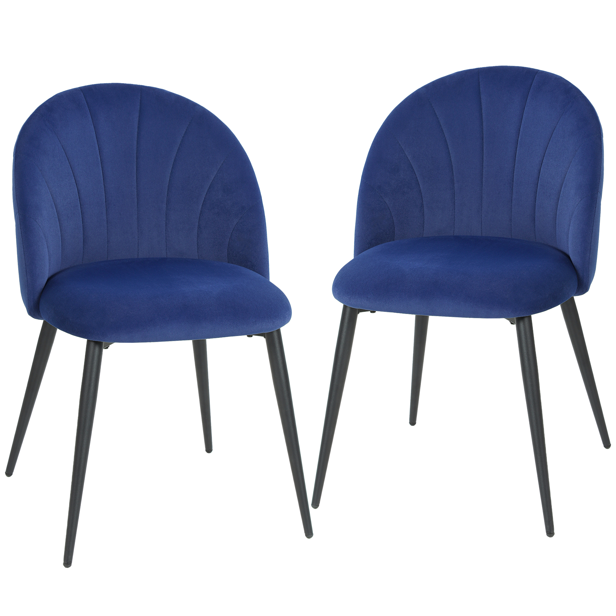Due sedie blu in velluto con gambe in metallo nero stanno fianco a fianco.