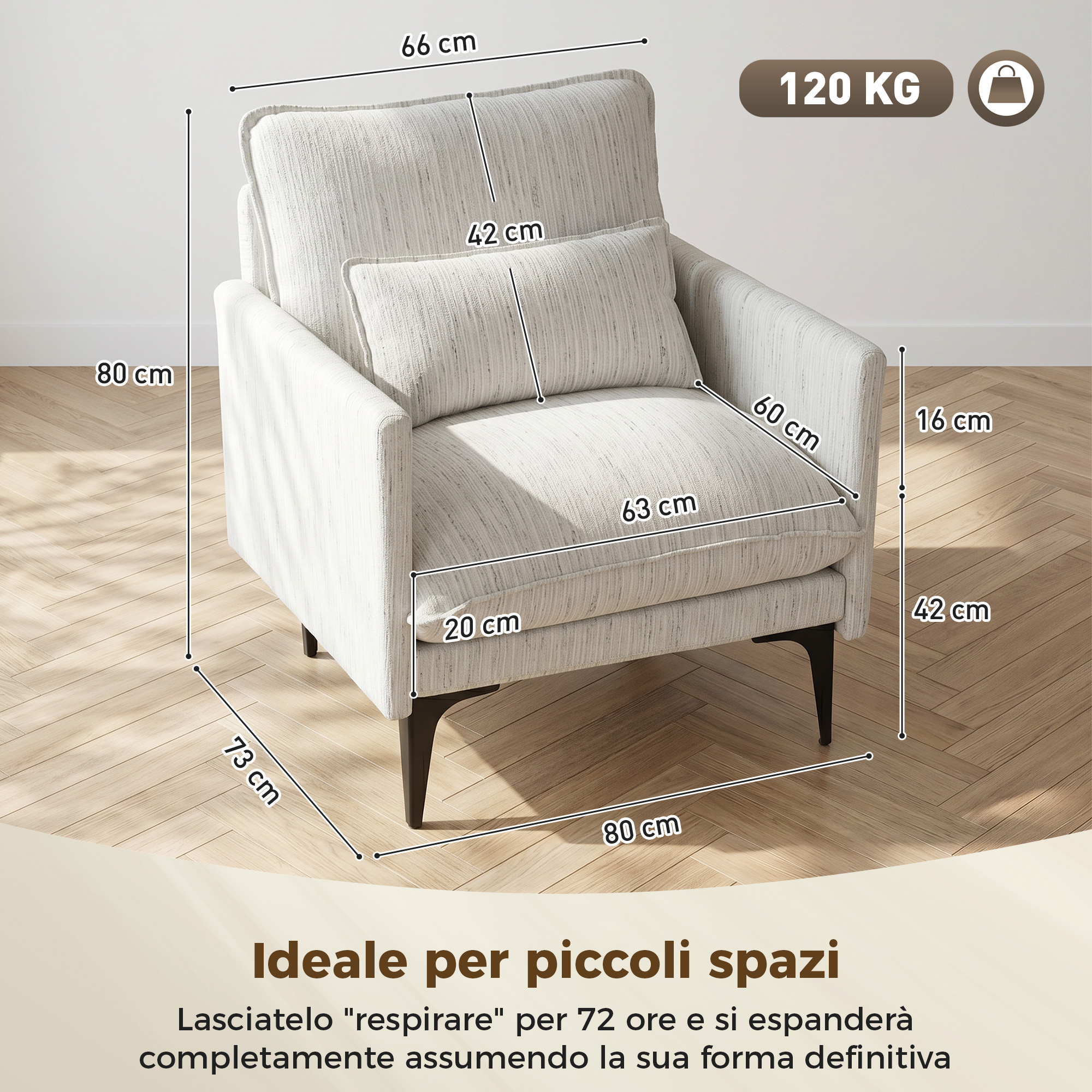 Un poltrona chiaro con dimensioni 66x80x73 cm. Max. 120 kg.
