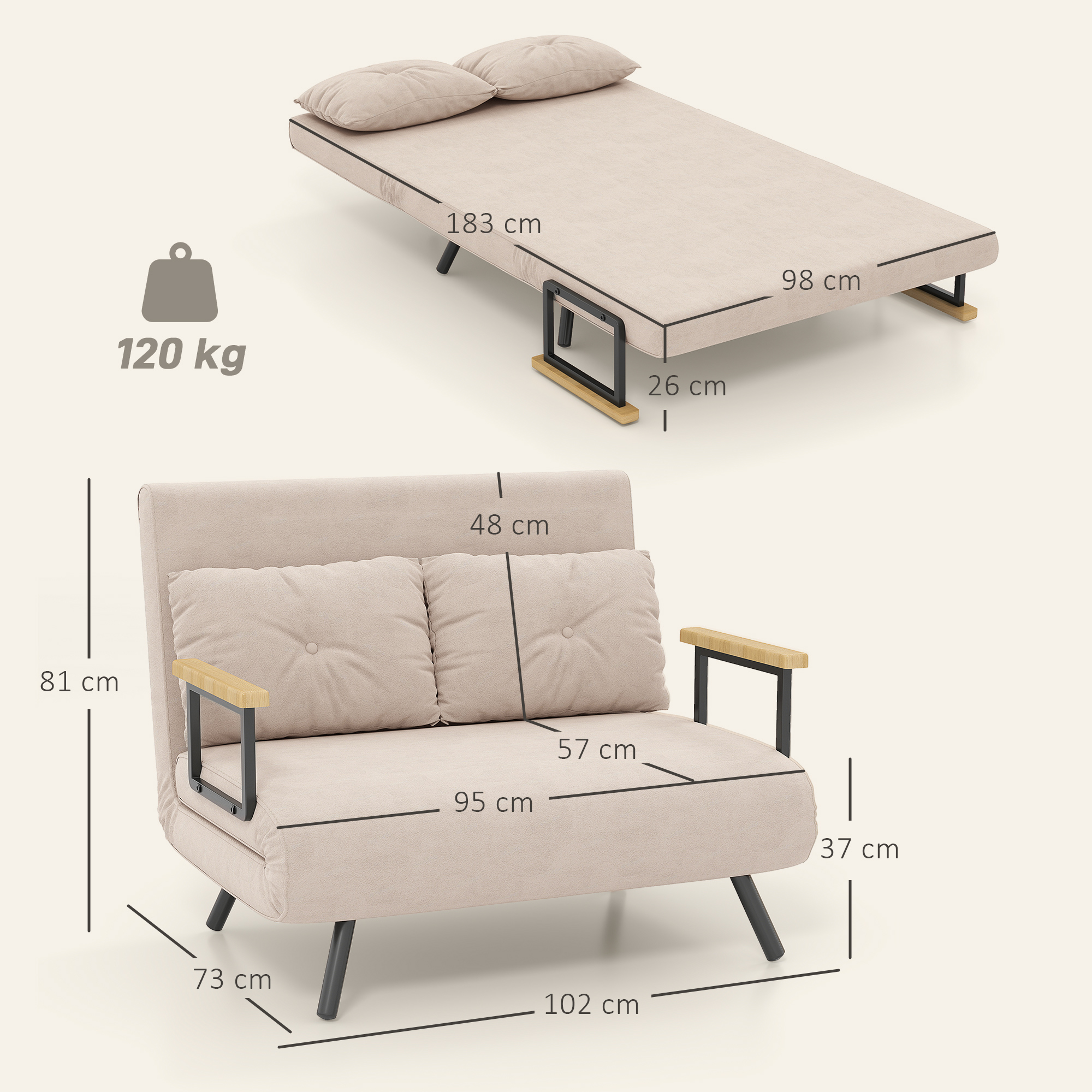 Un divano letto beige mostrato come divano e letto, con dimensioni.