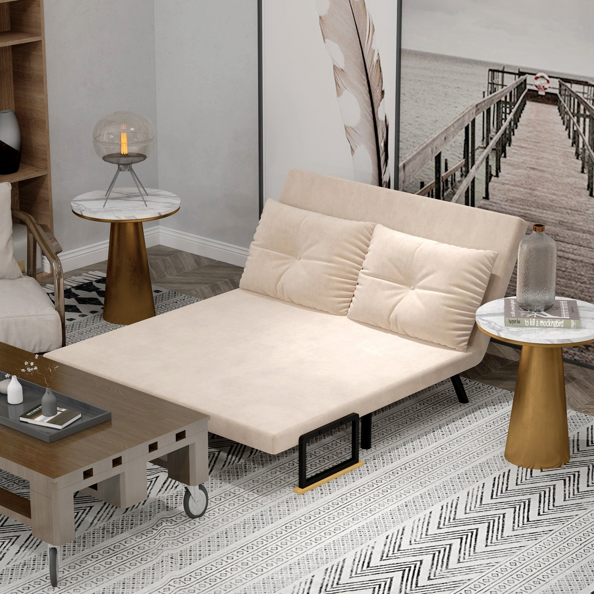 Un divano letto beige con cuscini è su un tappeto.