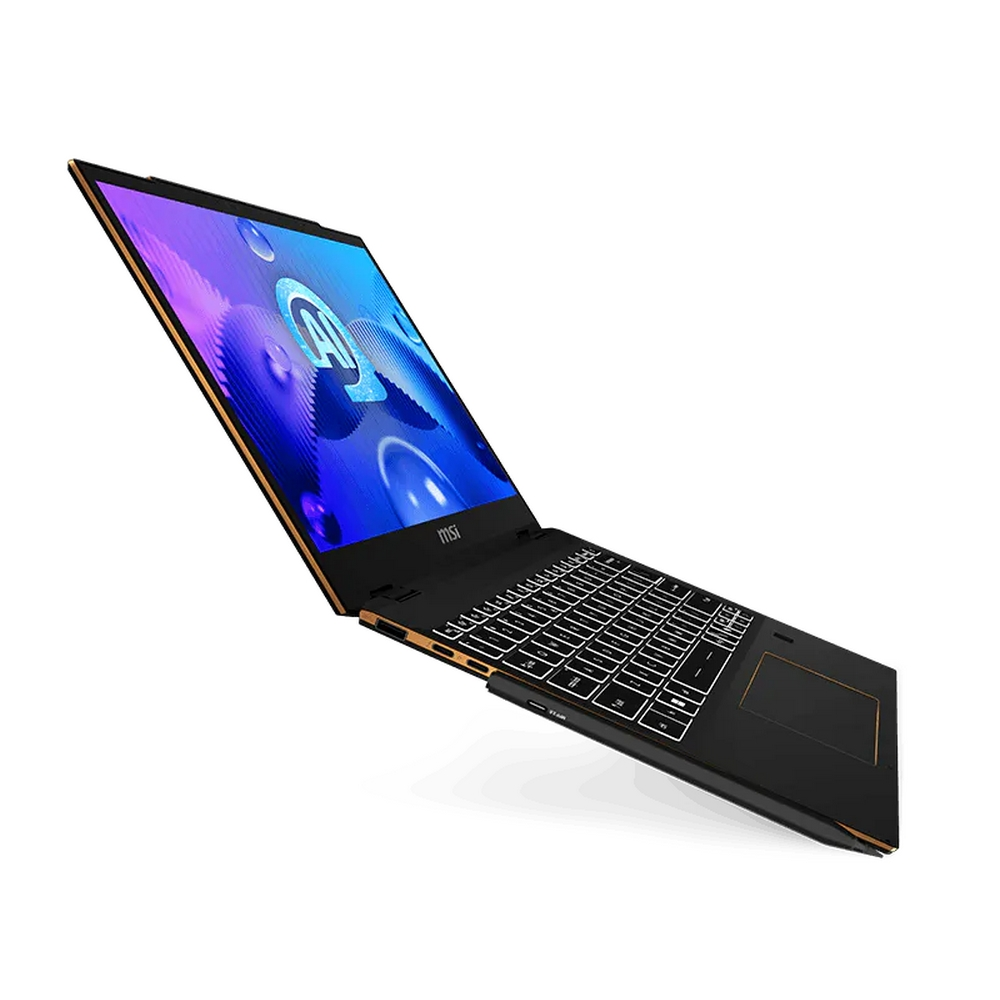 Un laptop MSI nero con accenti dorati si apre, mostrando uno sfondo blu sullo schermo.