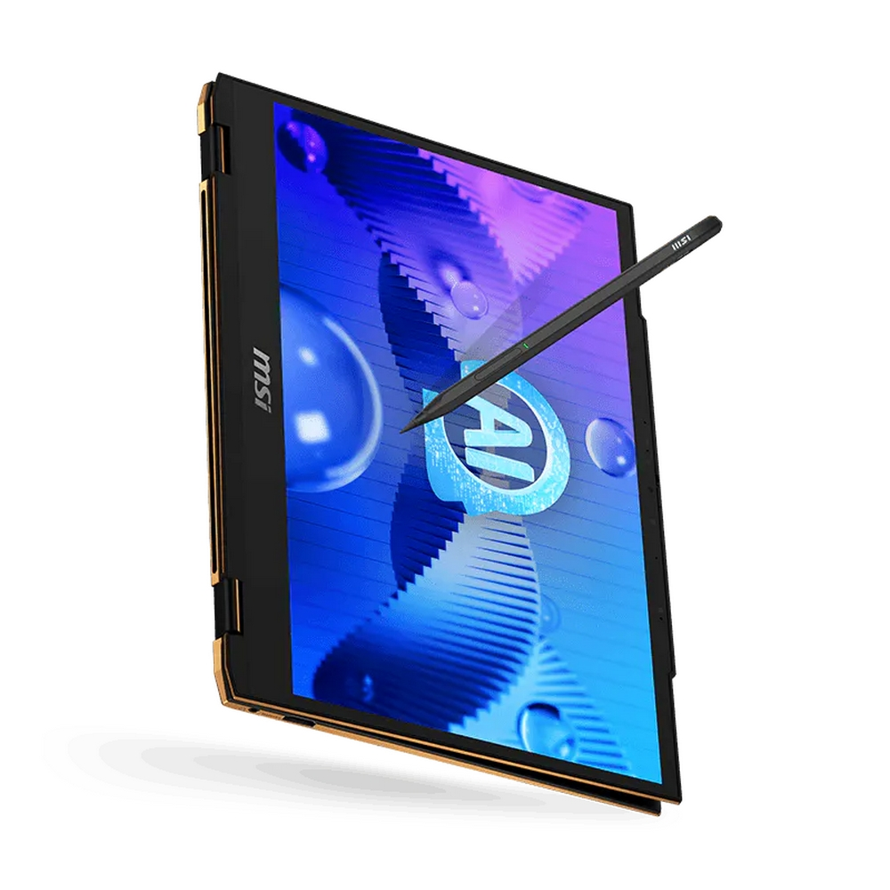 Un laptop convertibile con uno stilo sullo schermo che mostra il logo "AI".