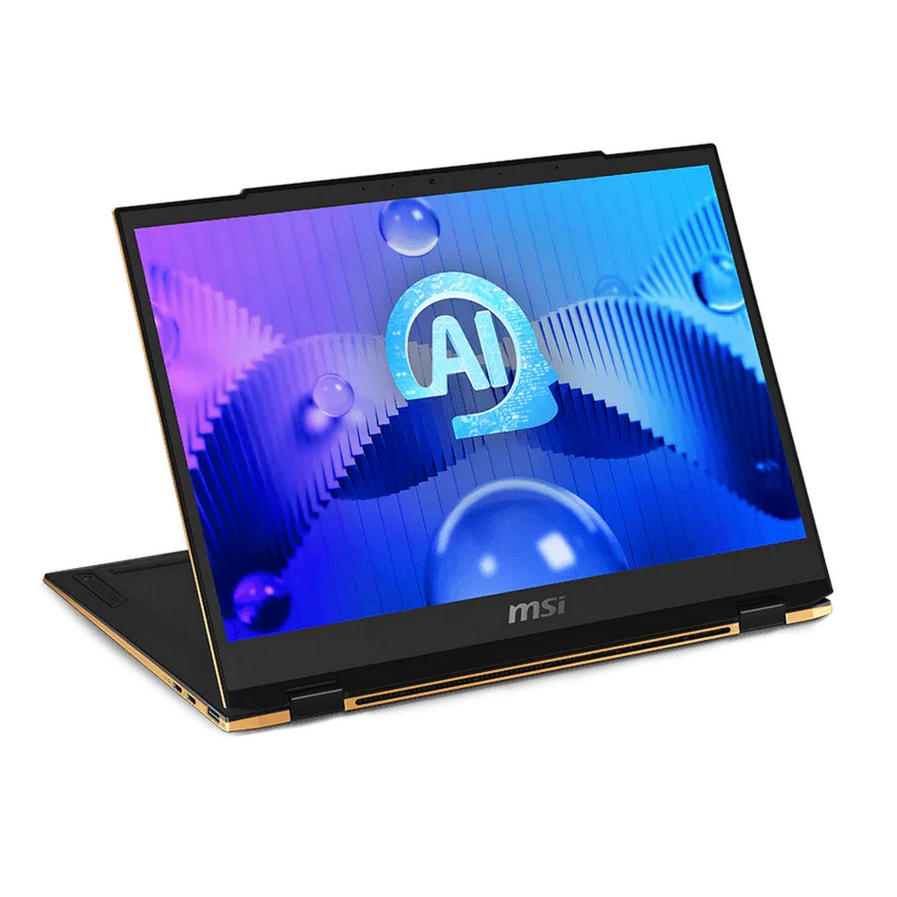 Un laptop MSI aperto con logo AI sullo schermo. Design oro e nero.