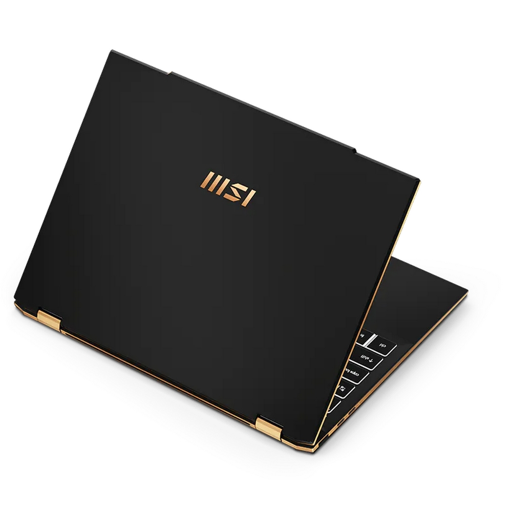 Laptop MSI nero con finiture e tastiera dorate, logo in alto.