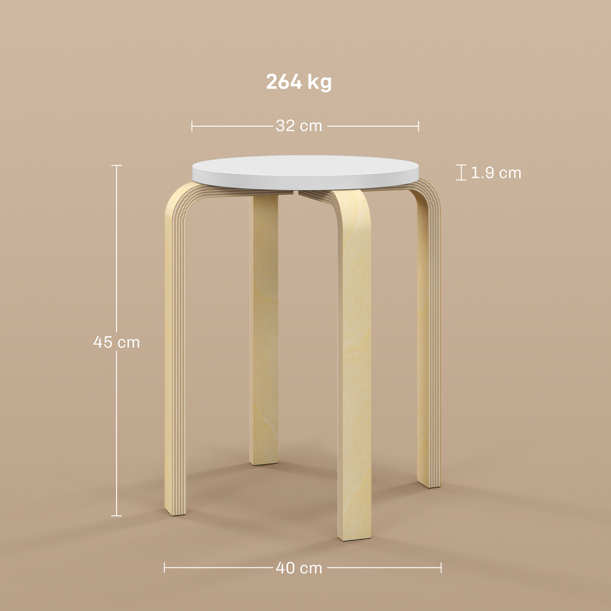 Uno sgabello con seduta bianca e gambe in legno, con dimensioni indicate.
