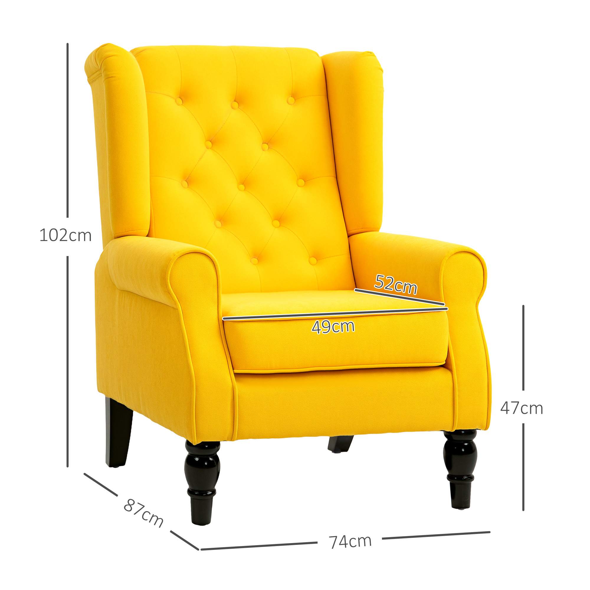 Una poltrona bergère gialla con bottoni e gambe nere. Dimensioni indicate.