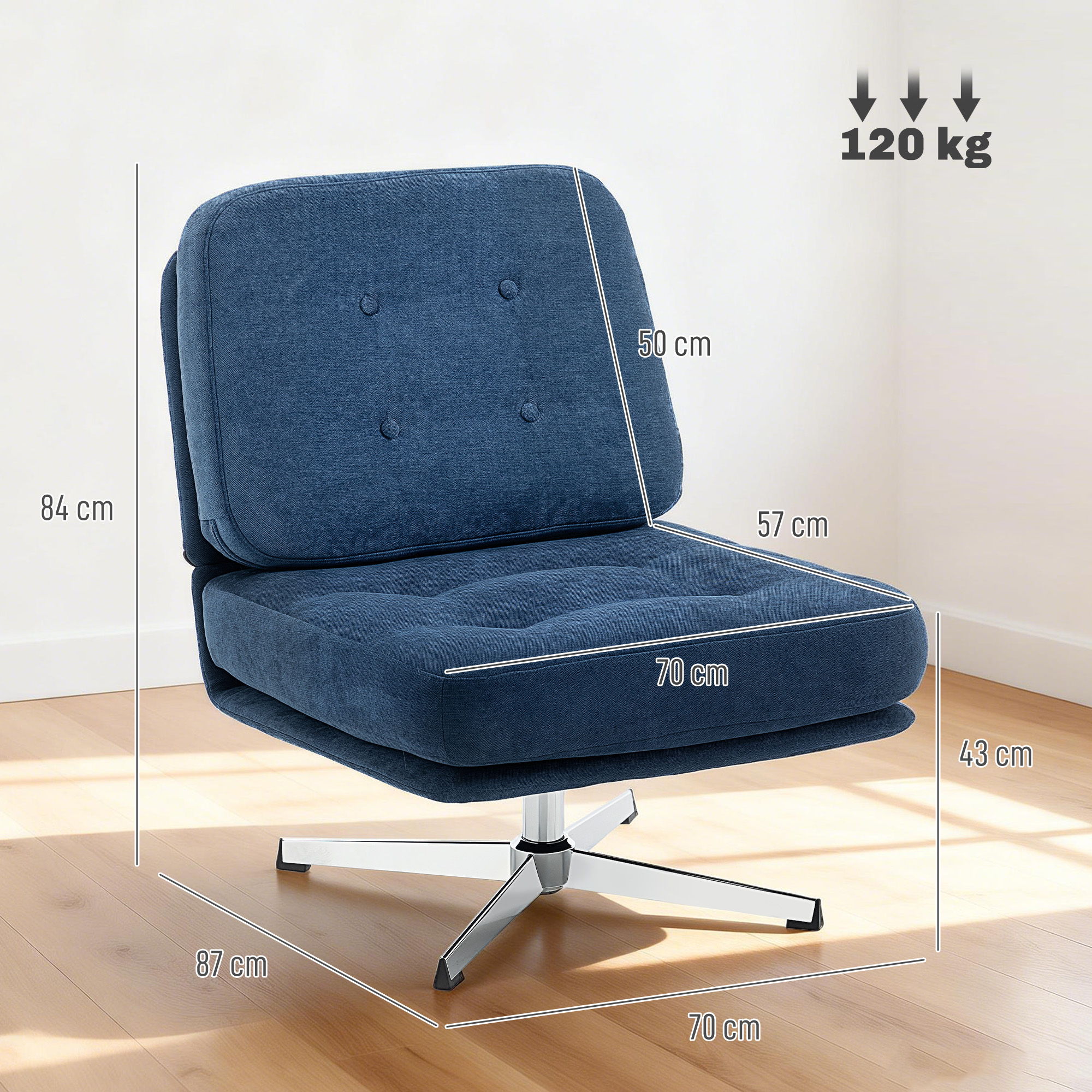 Una poltrona blu con base in metallo. Dimensioni: 84x87x50cm. Carico max 120kg.