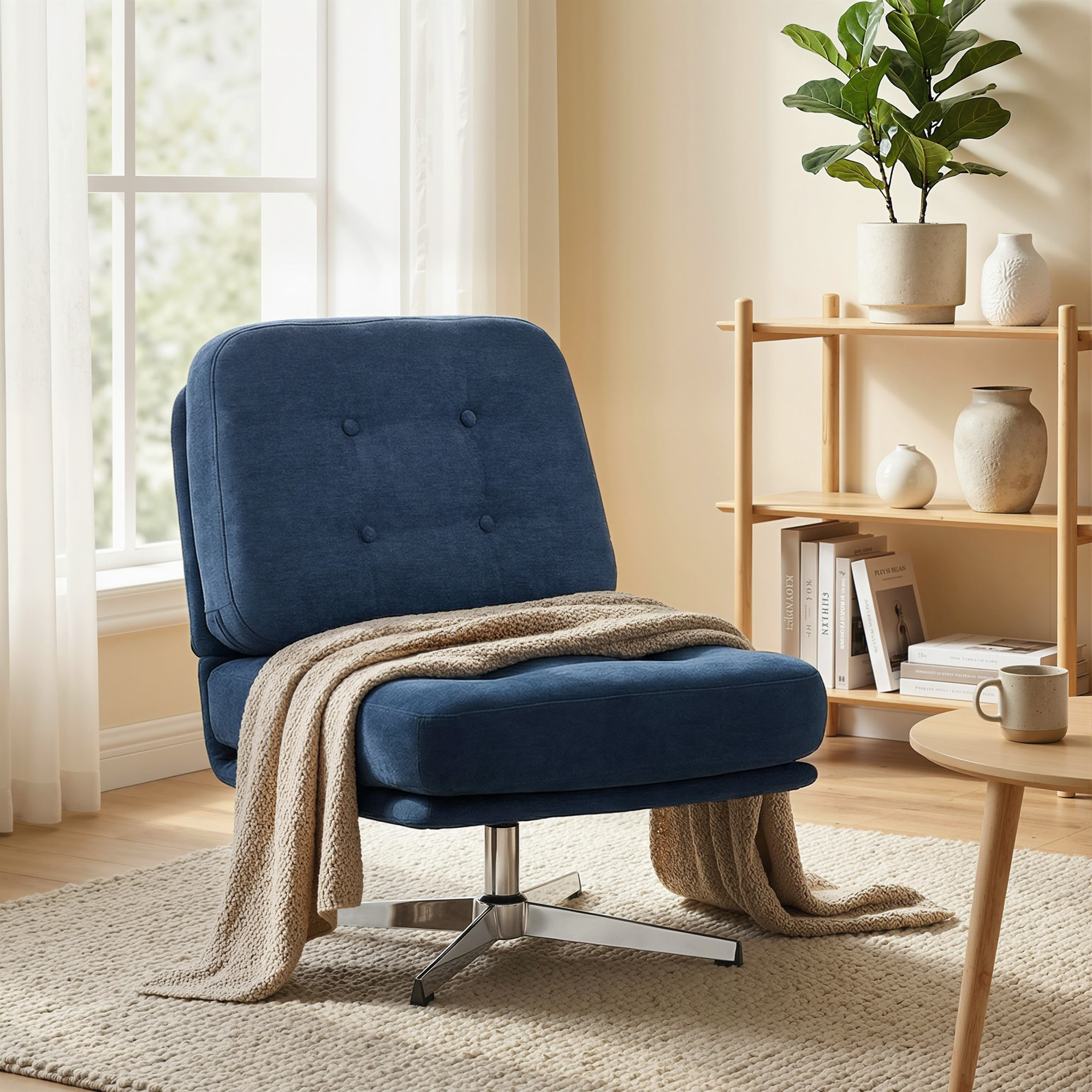 Una poltrona blu con coperta è su un tappeto. Una mensola con libri e vasi è accanto.