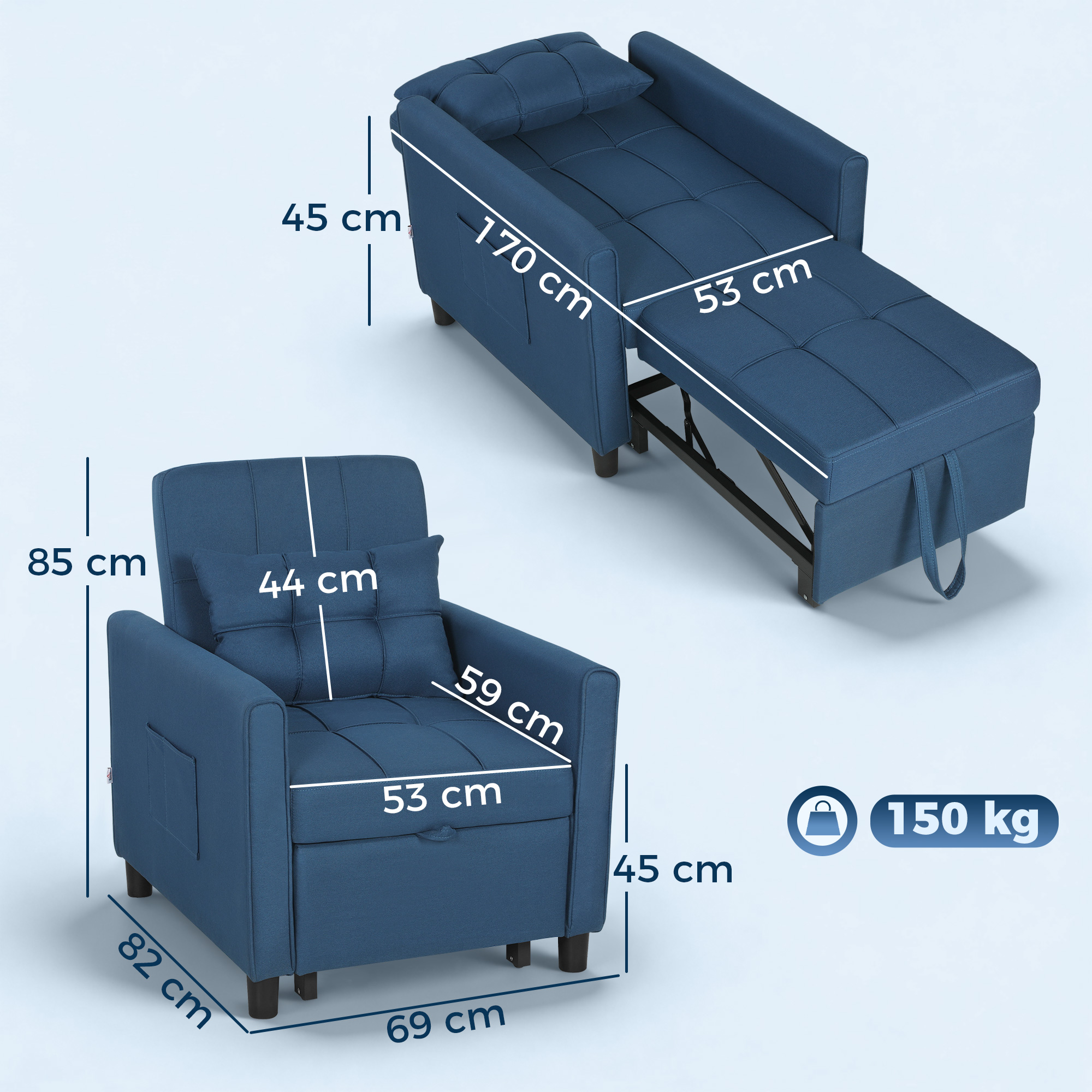 Una poltrona letto blu con dimensioni e limite di peso di 150 kg.
