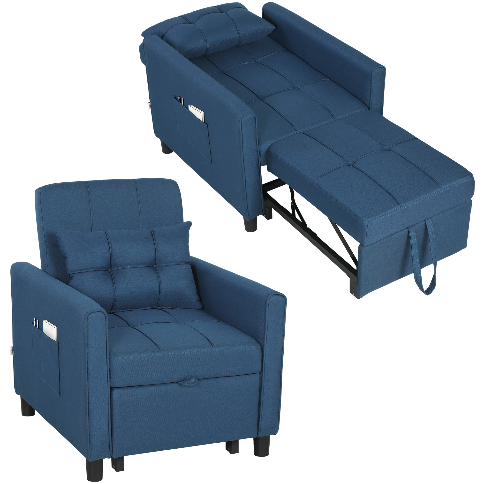 Una poltrona blu convertibile in letto, con tasca laterale.