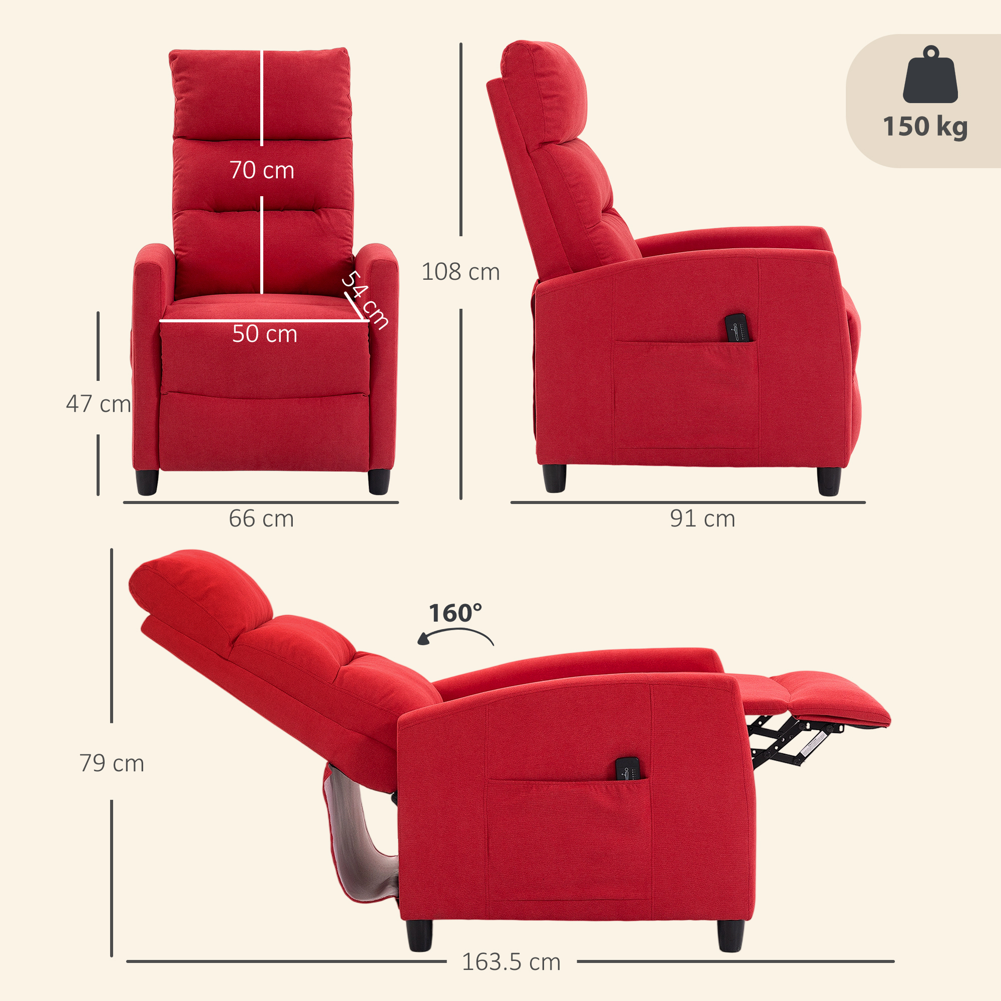 Poltrona reclinabile rossa con dimensioni e capacità 150 kg.