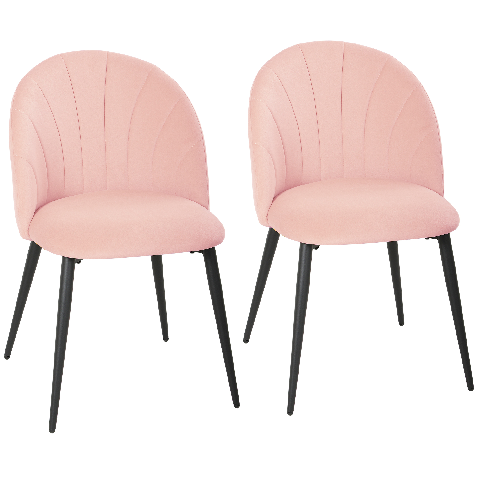 Due sedie rosa in velluto con gambe nere su sfondo bianco.