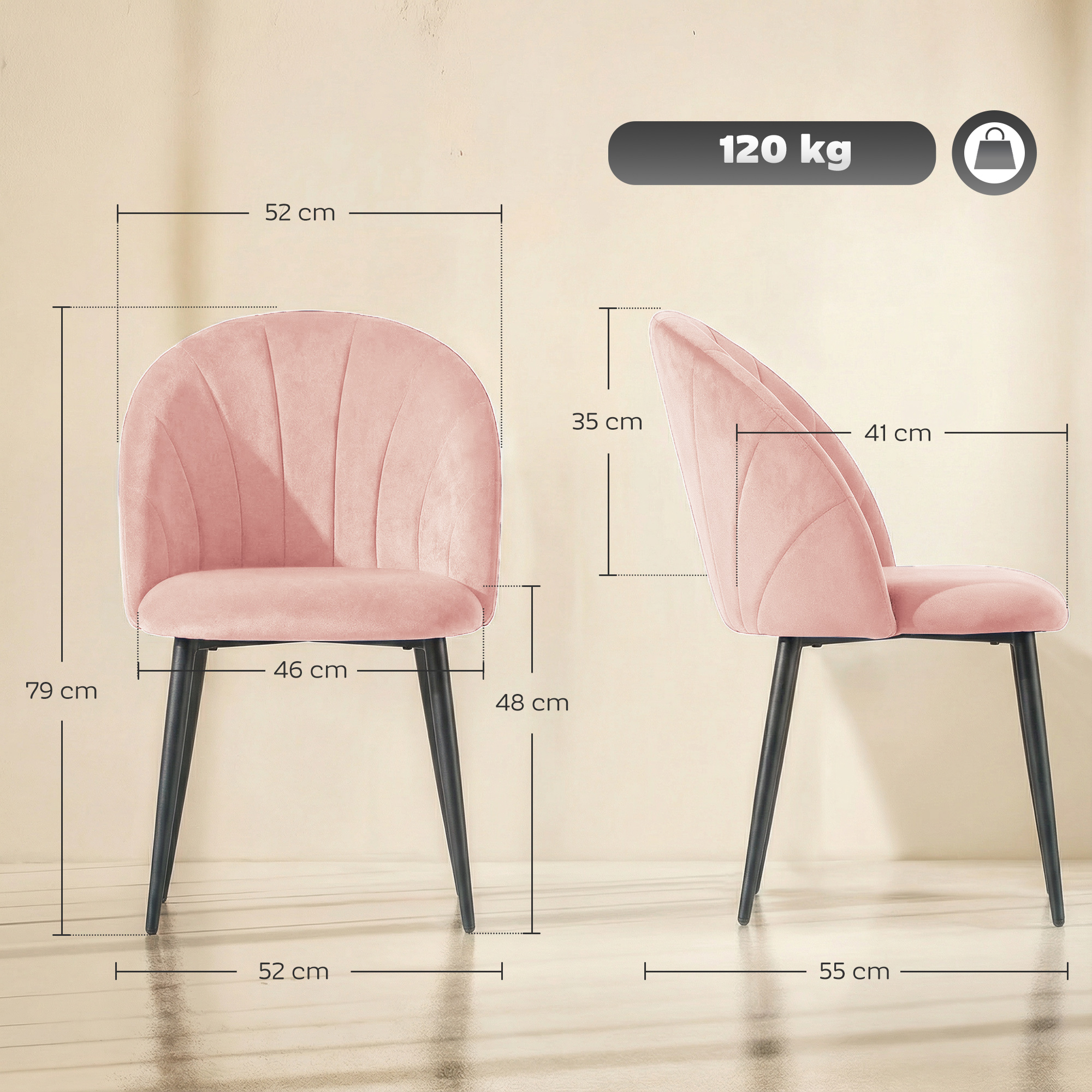 Una sedia in velluto rosa con gambe nere, dimensioni indicate.