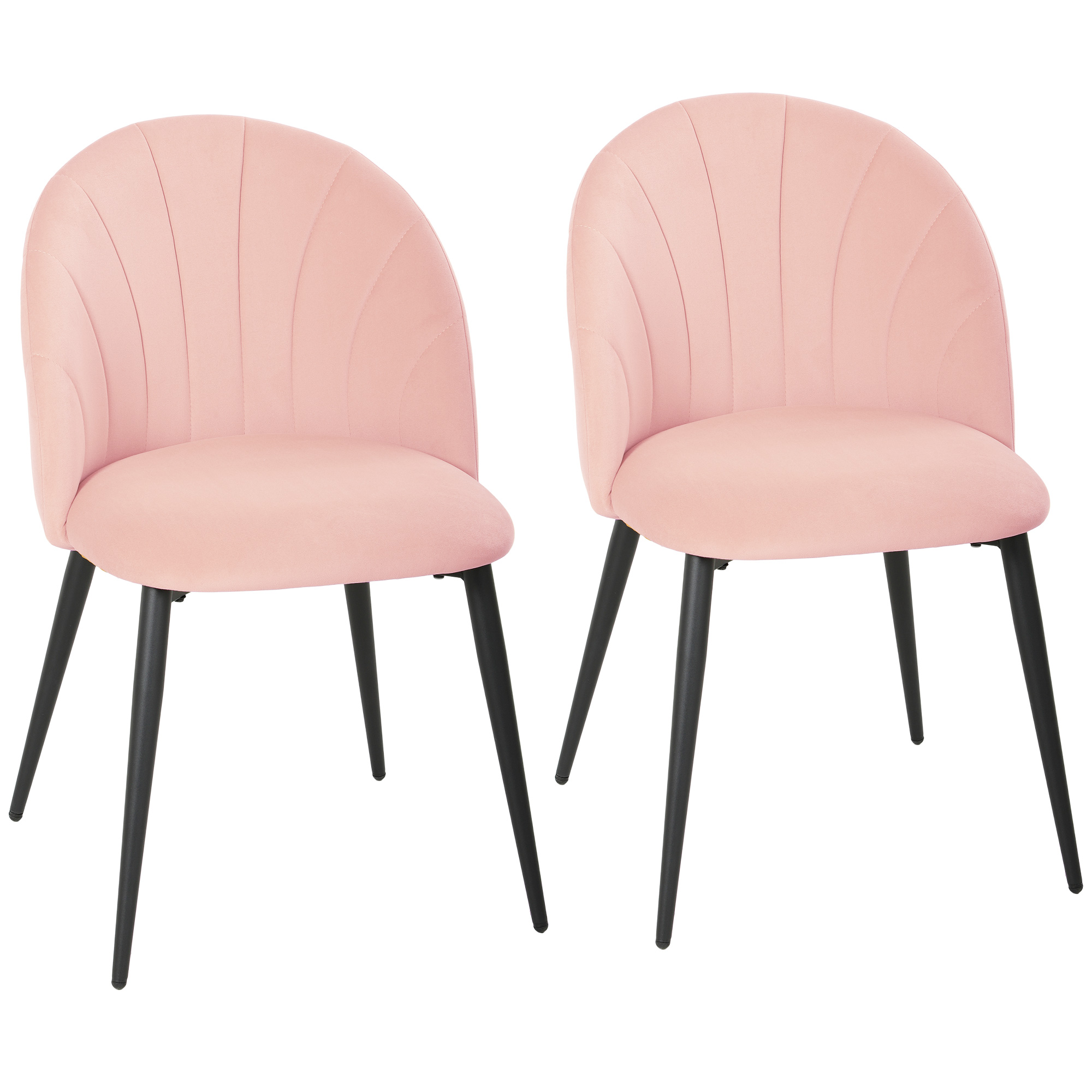 Due sedie rosa in velluto con schienale a conchiglia e gambe nere.