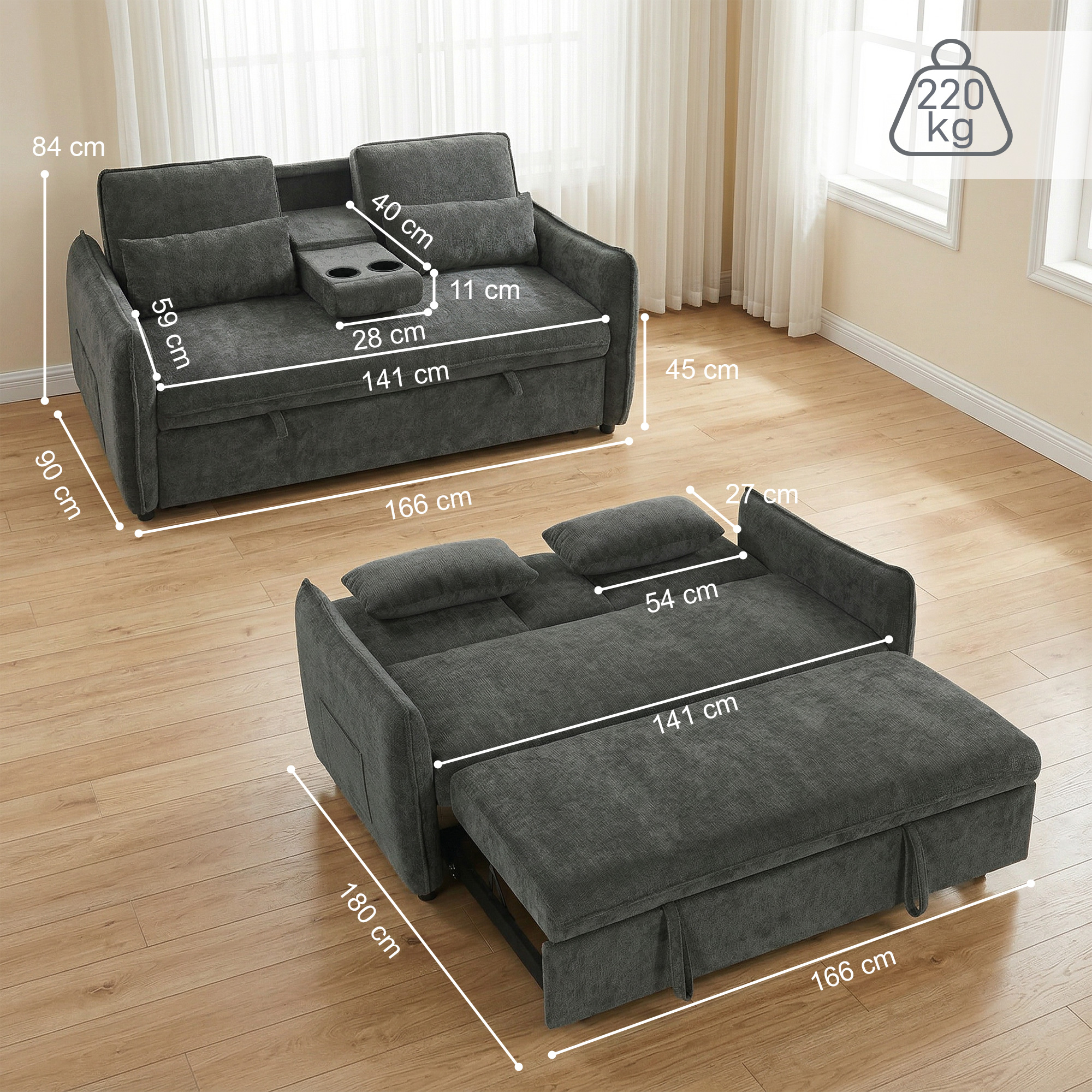 Divano letto grigio con dimensioni e zona notte estraibile.