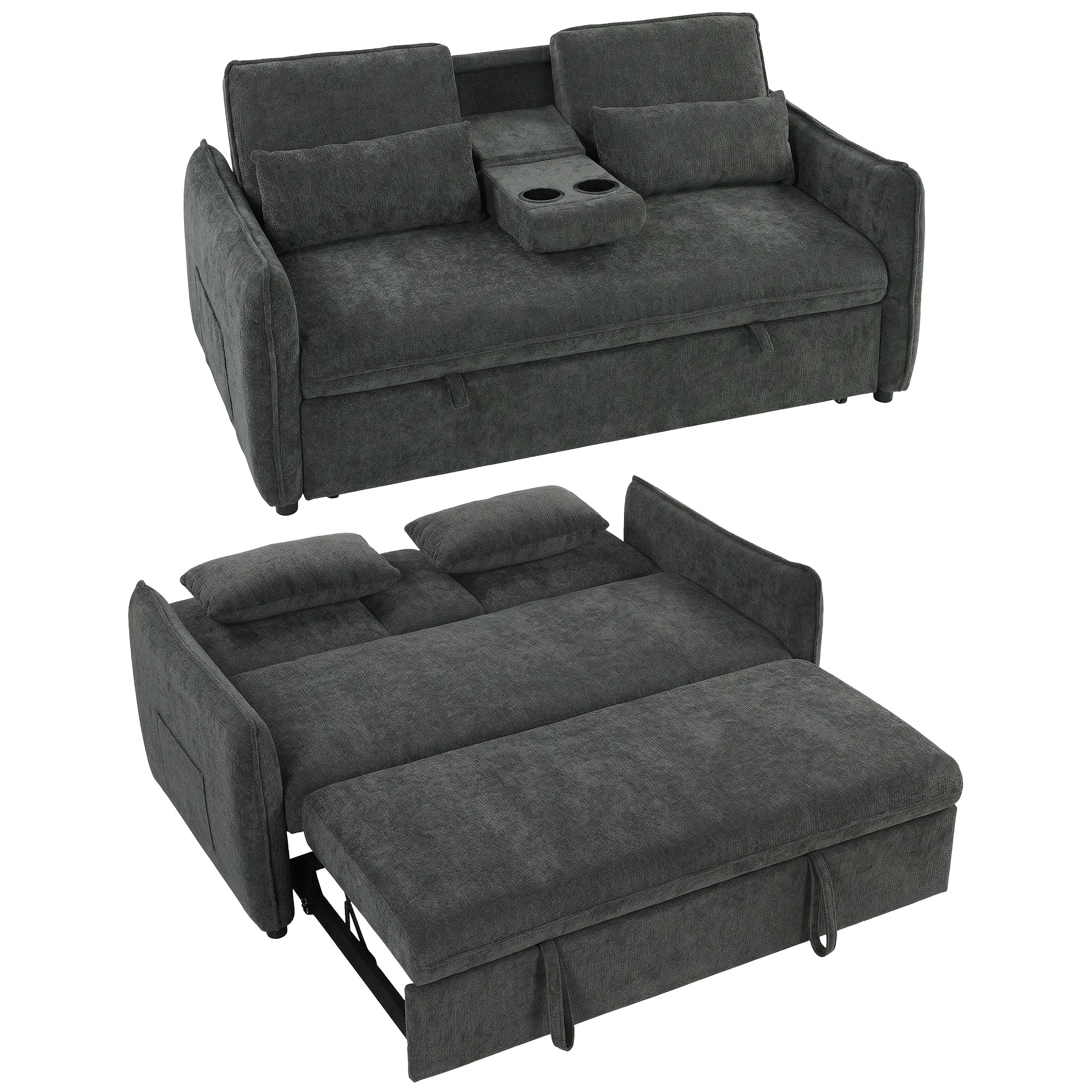 Un divano letto grigio, piegato sopra, esteso sotto.
