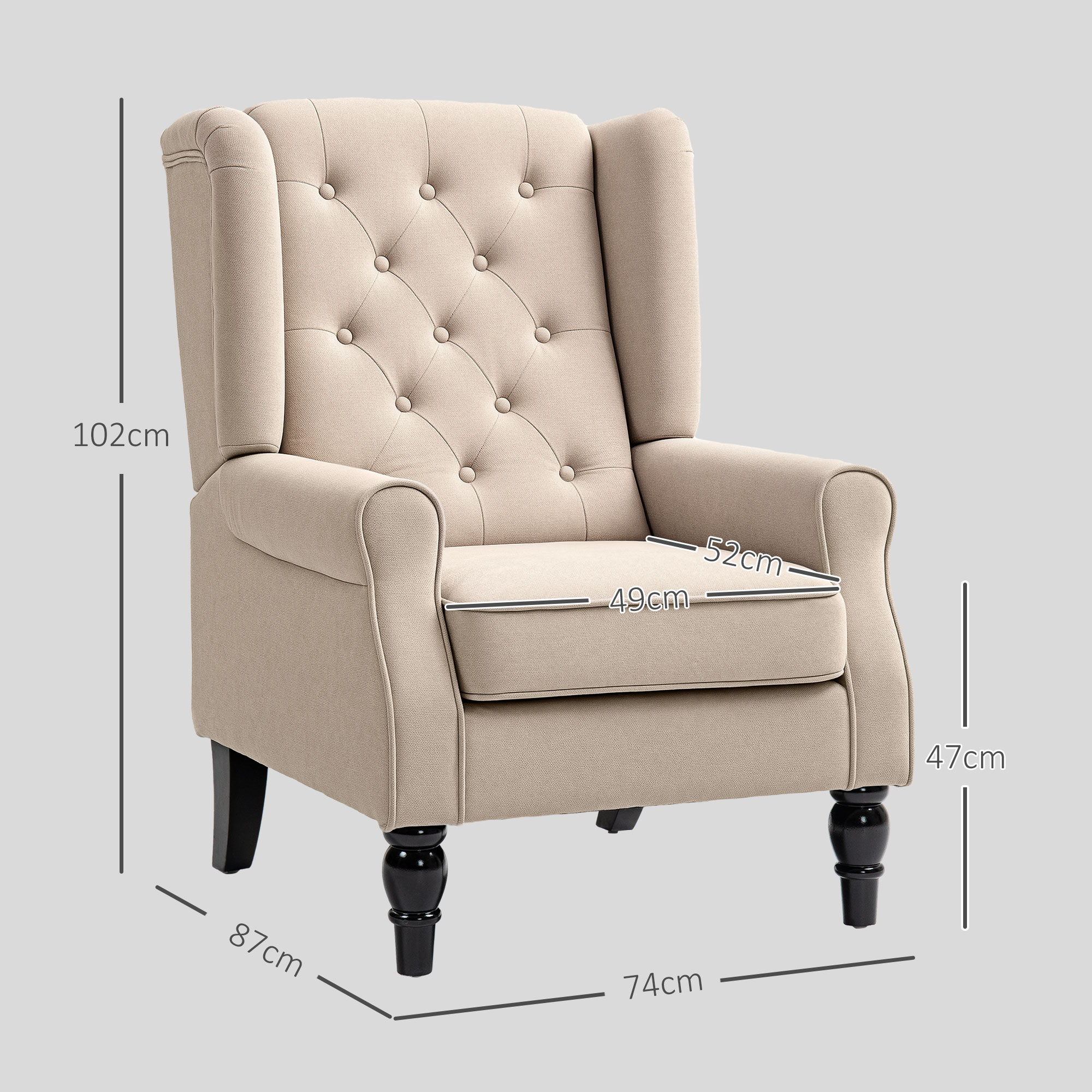 Una poltrona bergère beige con bottoni e gambe nere.