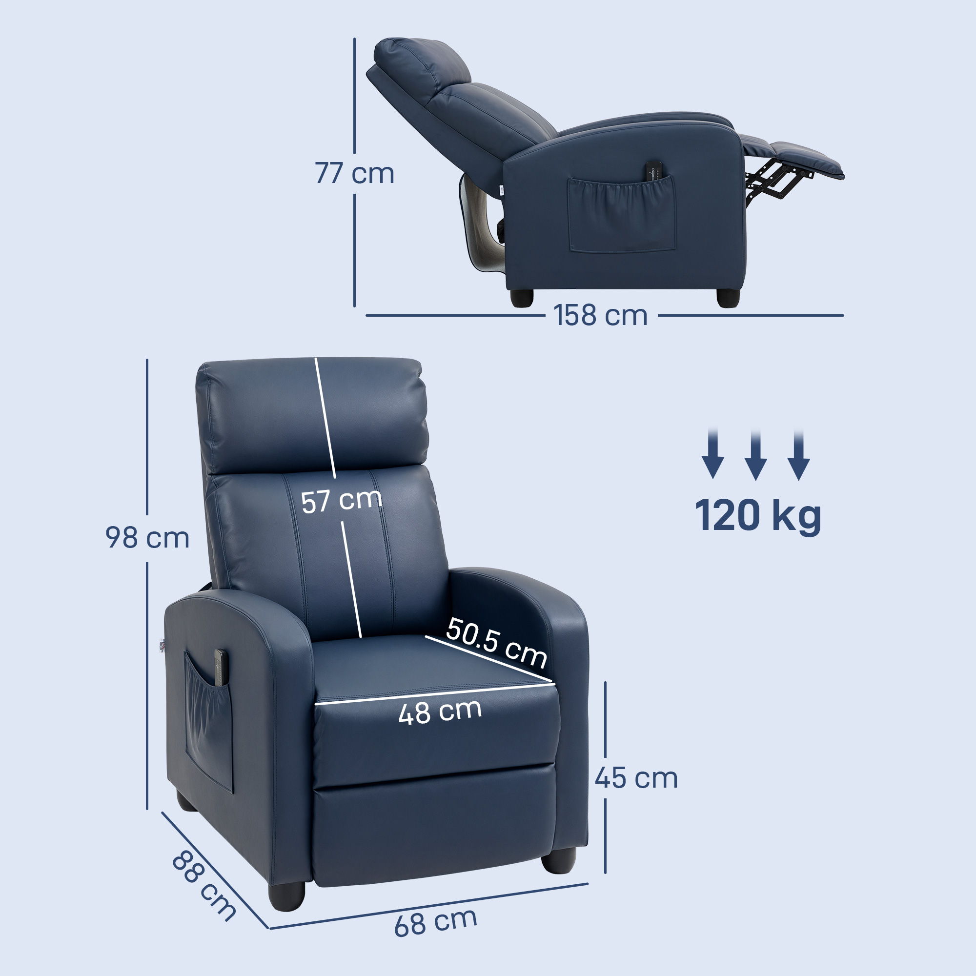 Una poltrona reclinabile blu con dimensioni e limite di peso di 120 kg.