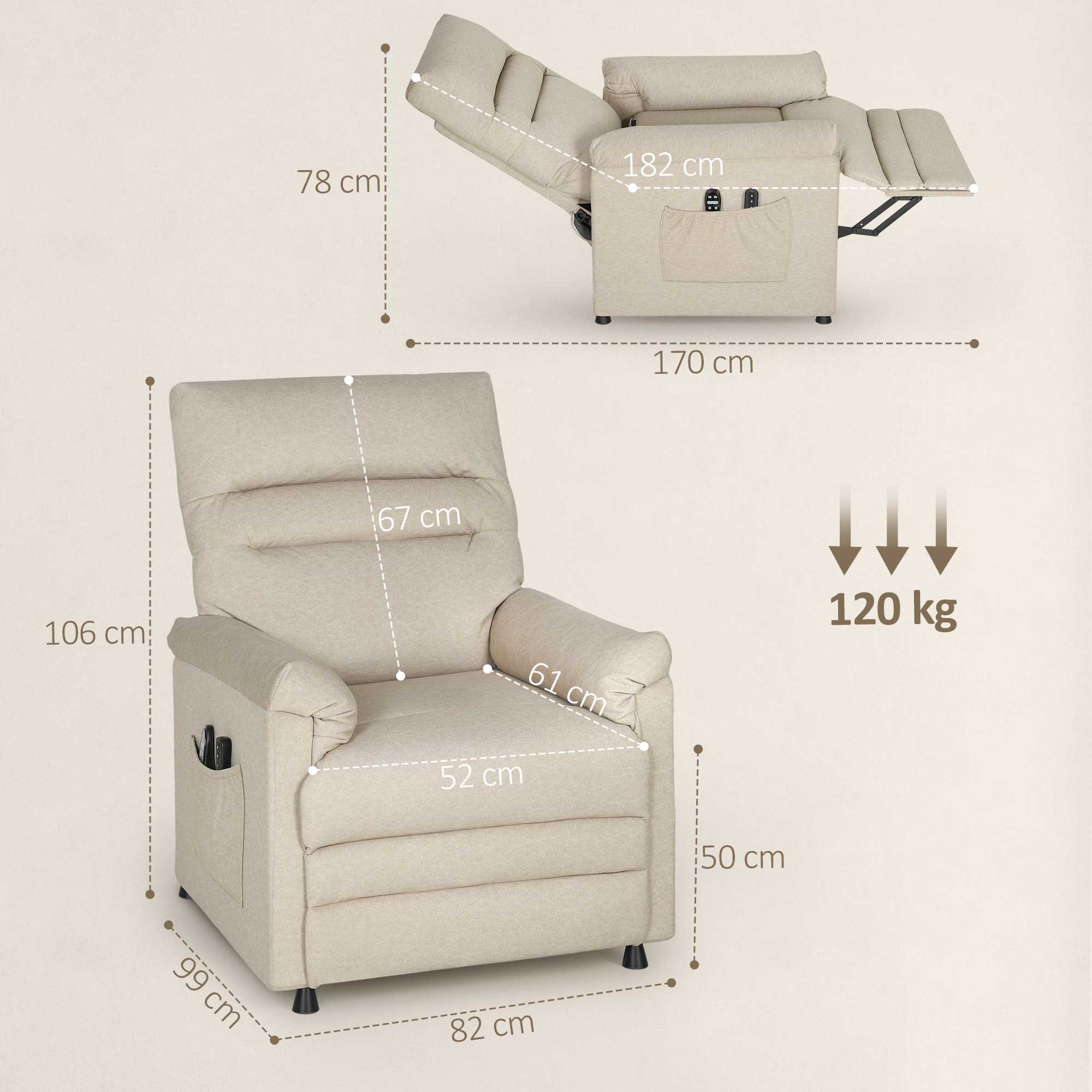 Una poltrona reclinabile beige con dimensioni. Carico max 120 kg.