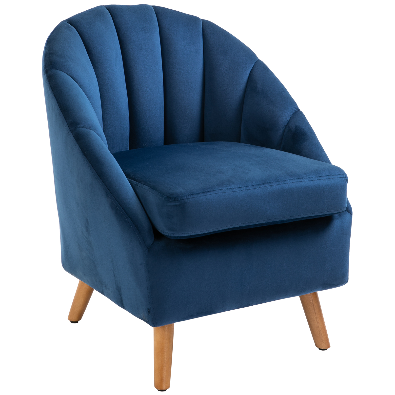 Una poltrona blu con schienale a coste e gambe in legno.