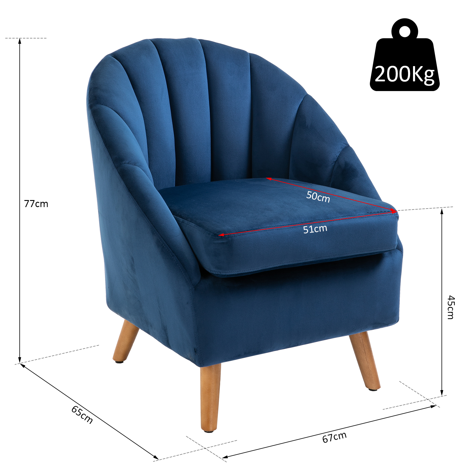 Poltrona in velluto blu con schienale a coste, gambe in legno e dimensioni.