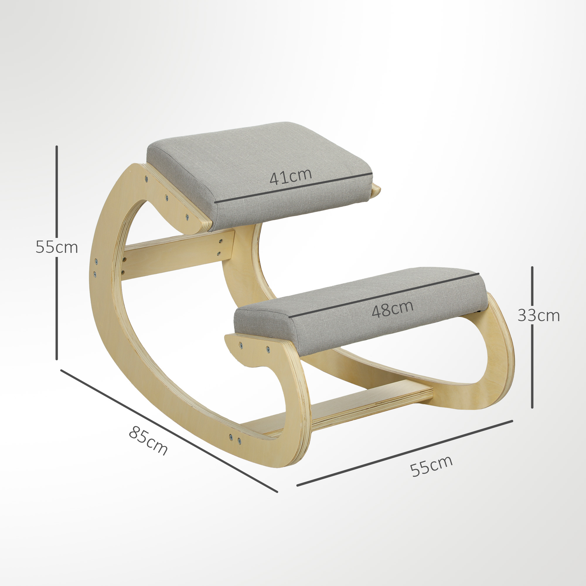 Sedia inginocchiatoio ergonomica in legno con cuscini grigi ed etichette.