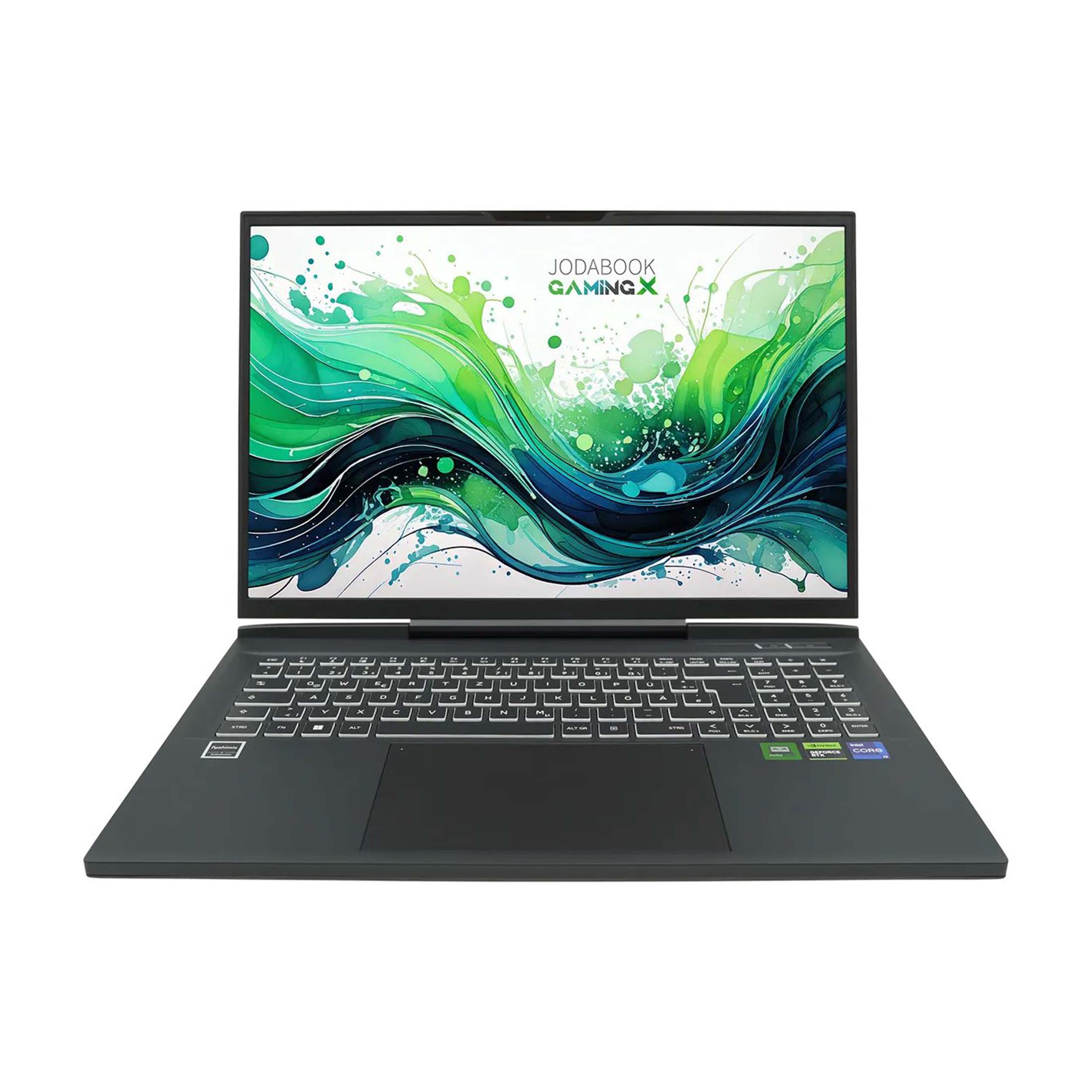 Ein dunkler Laptop mit leuchtender Tastatur und einem bunten Hintergrundbild.