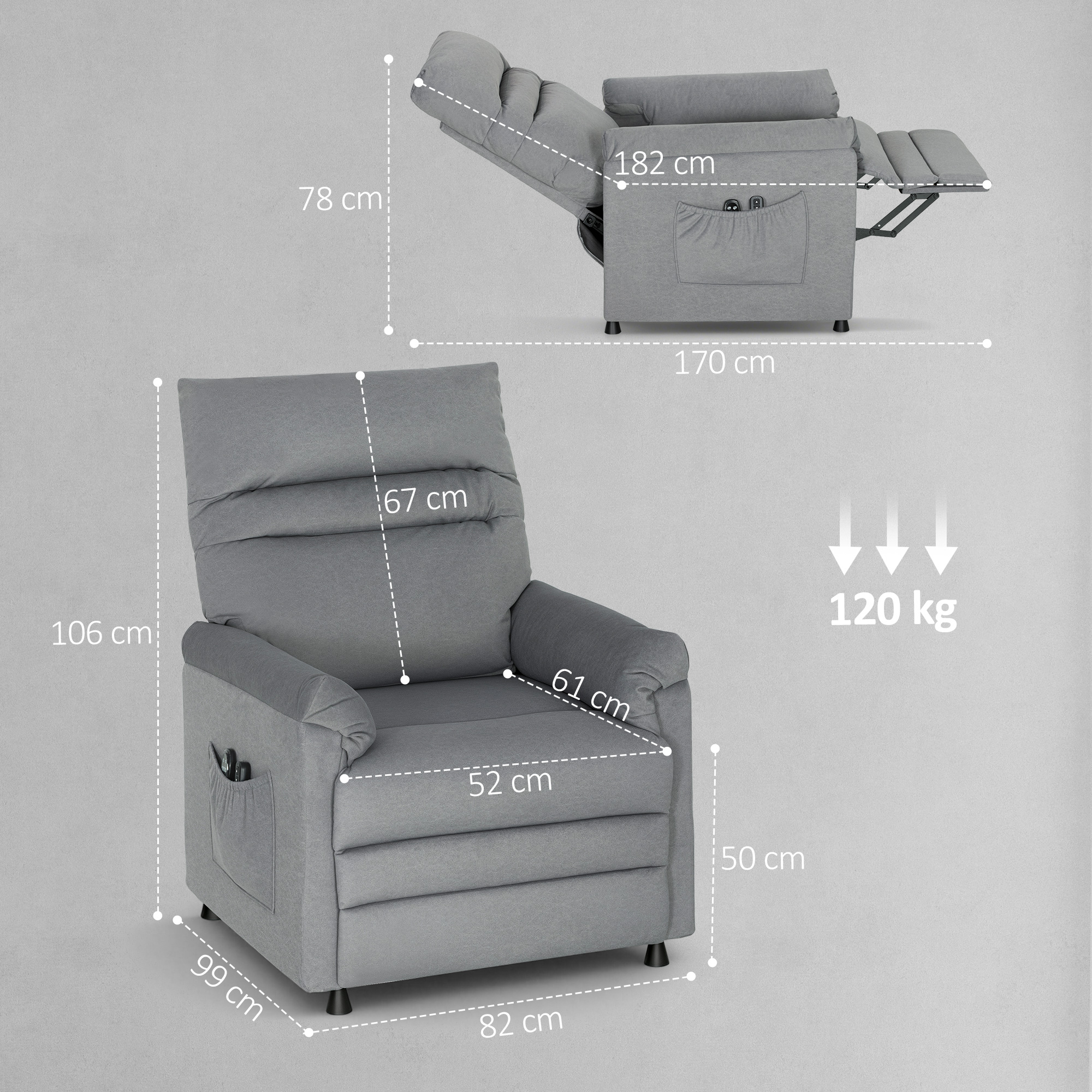 Poltrona reclinabile grigia con dimensioni indicate. Carico max 120 kg.