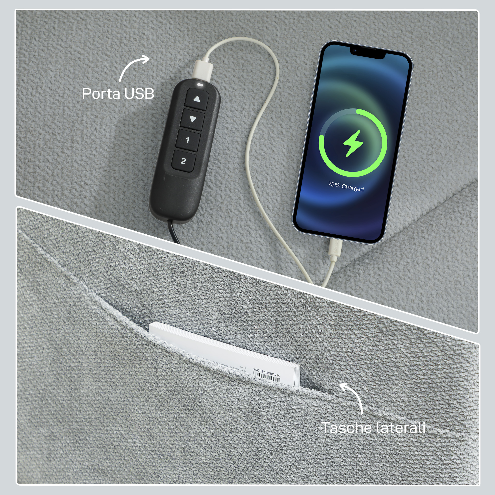 Tessuto grigio con telecomando USB e iPhone in carica. Tasca laterale con libro.
