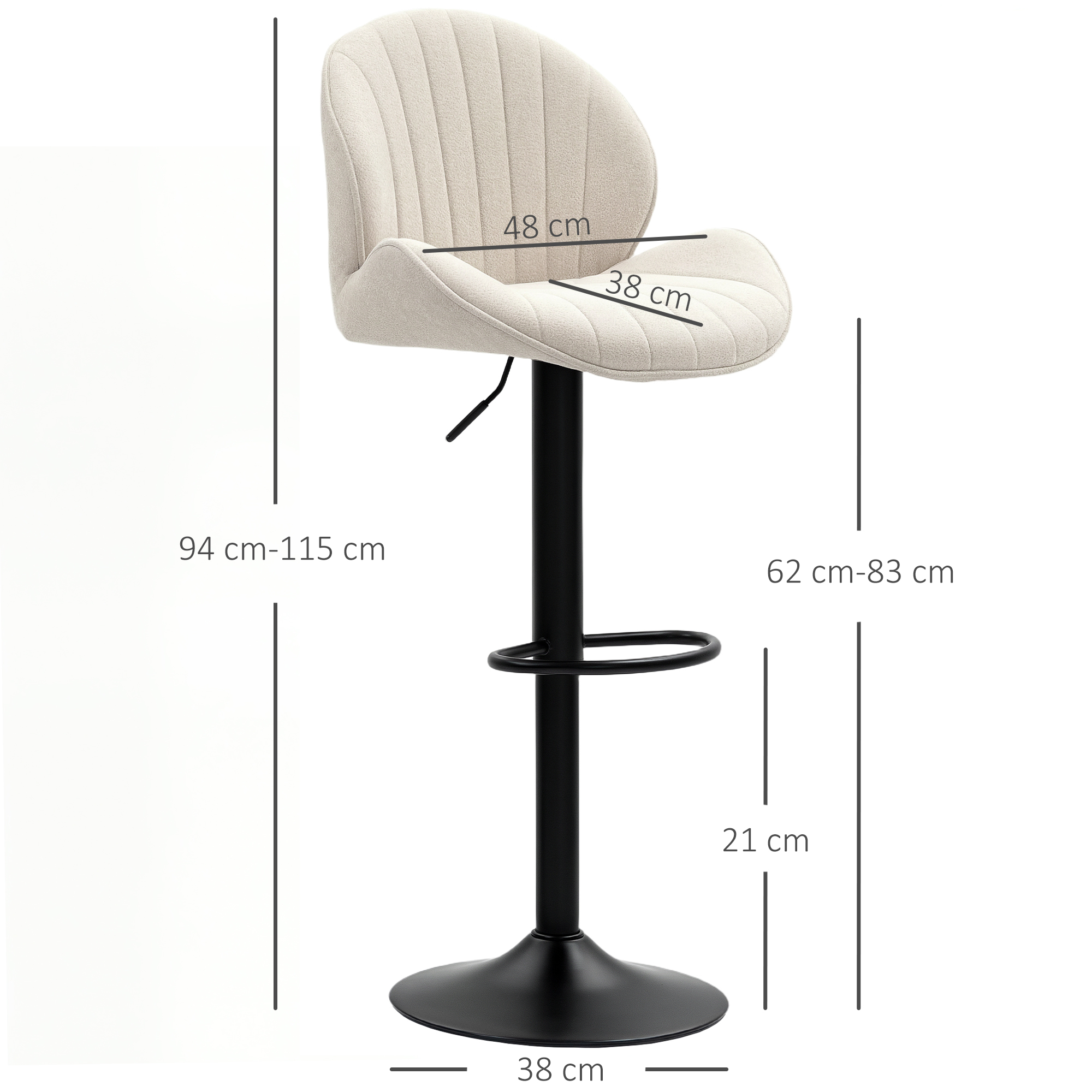 Sgabello da bar di colore chiaro con base nera e altezza regolabile.