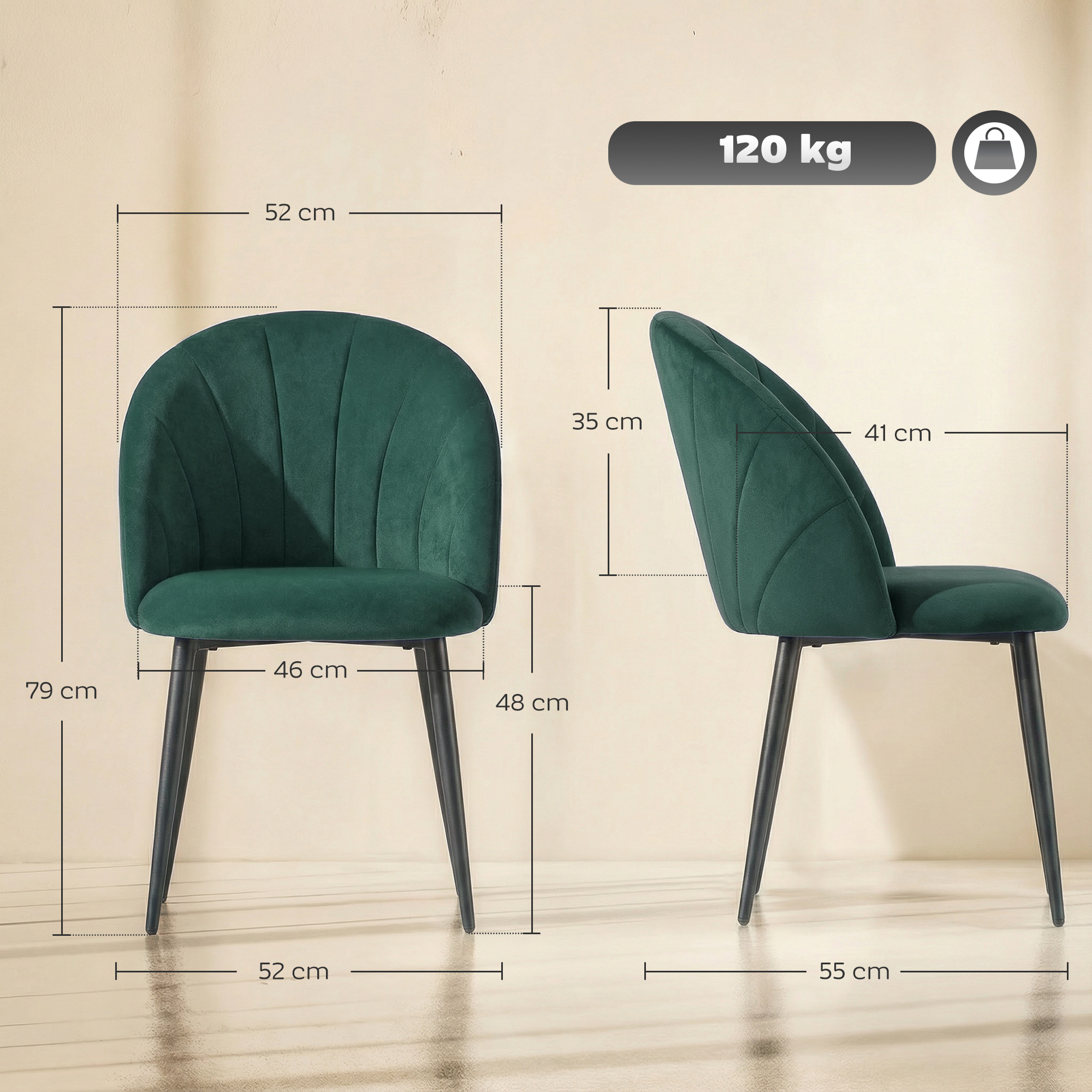 Una sedia in velluto verde vista frontalmente e di lato, con dimensioni e carico max.