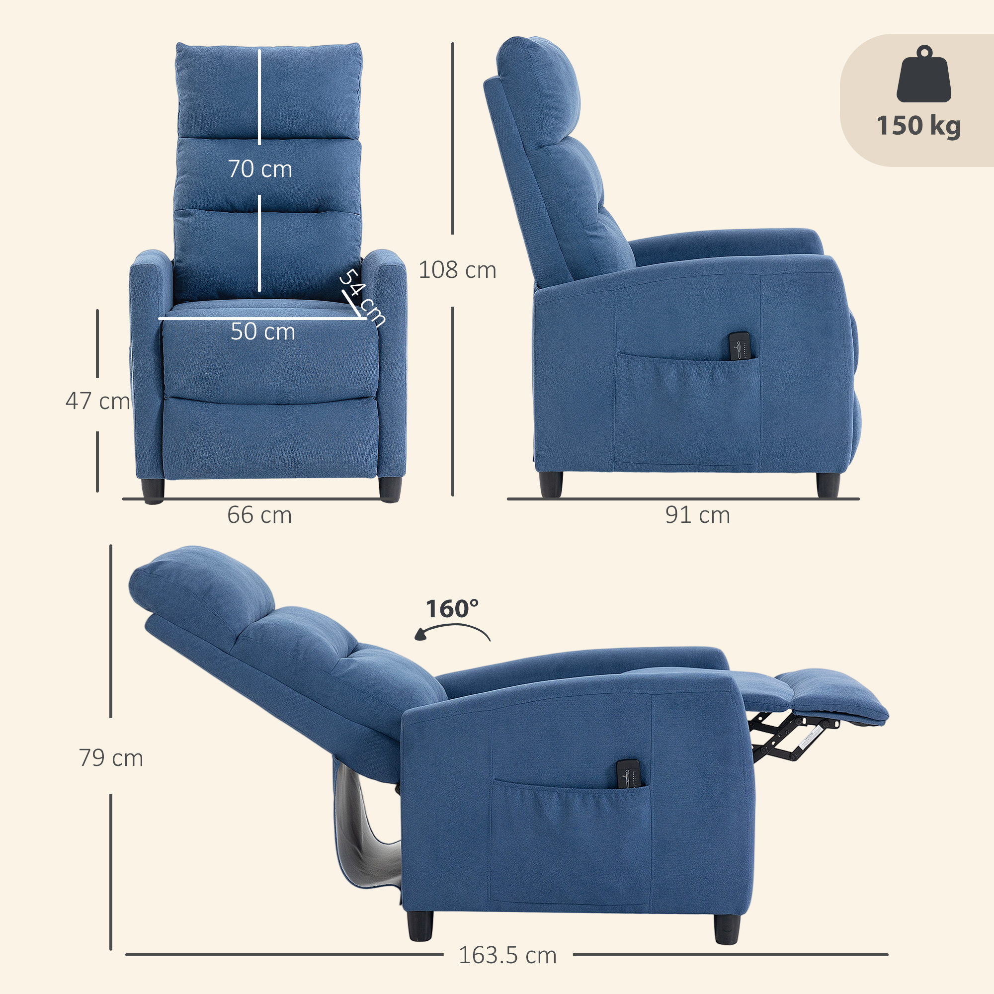 Poltrona reclinabile blu con dimensioni: Altezza 108cm, Larghezza 66cm, Profondità 91cm.