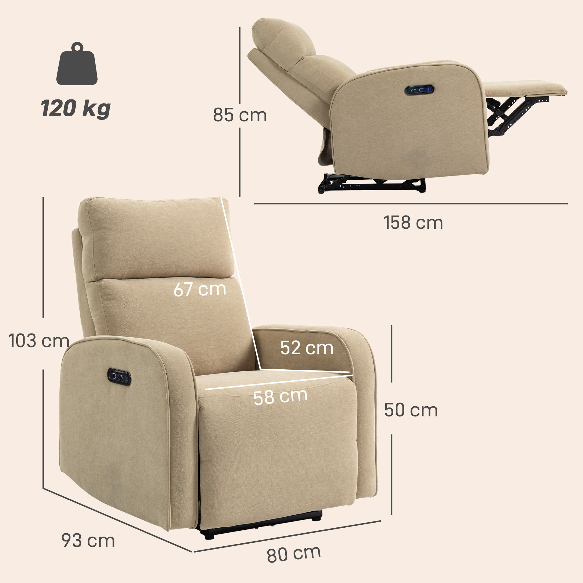 Una poltrona reclinabile beige con dimensioni e capacità di 120 kg.