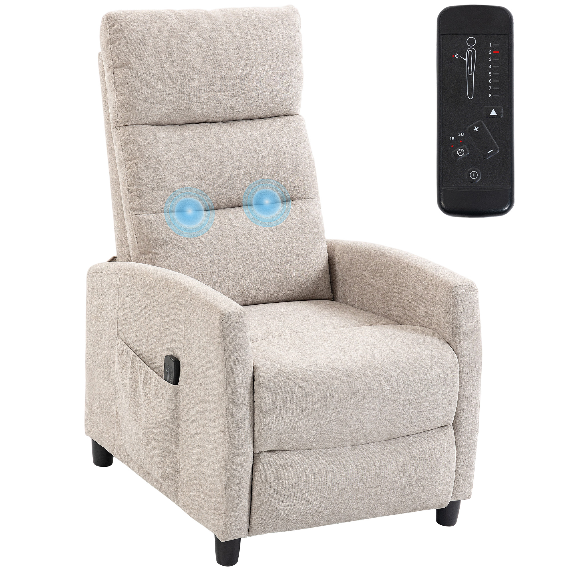 Una poltrona reclinabile beige con un telecomando appoggiato sopra.