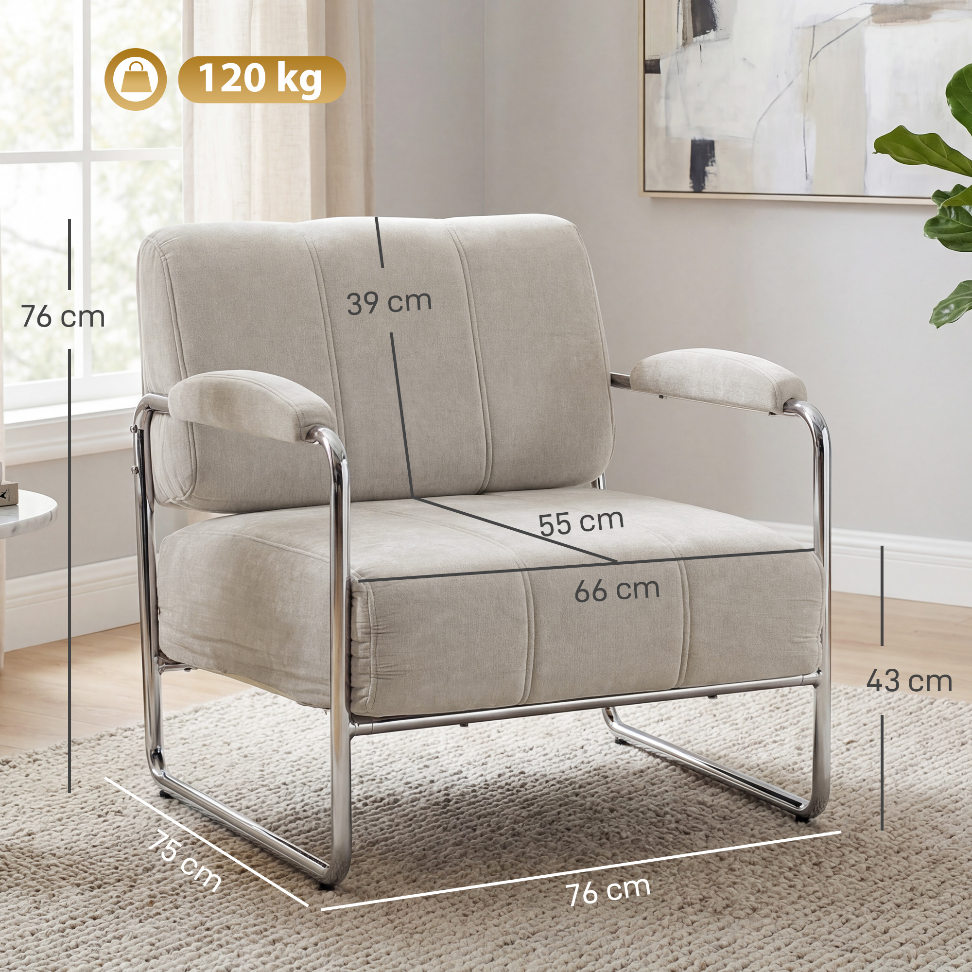 Una poltrona beige con telaio cromato, dimensioni indicate.