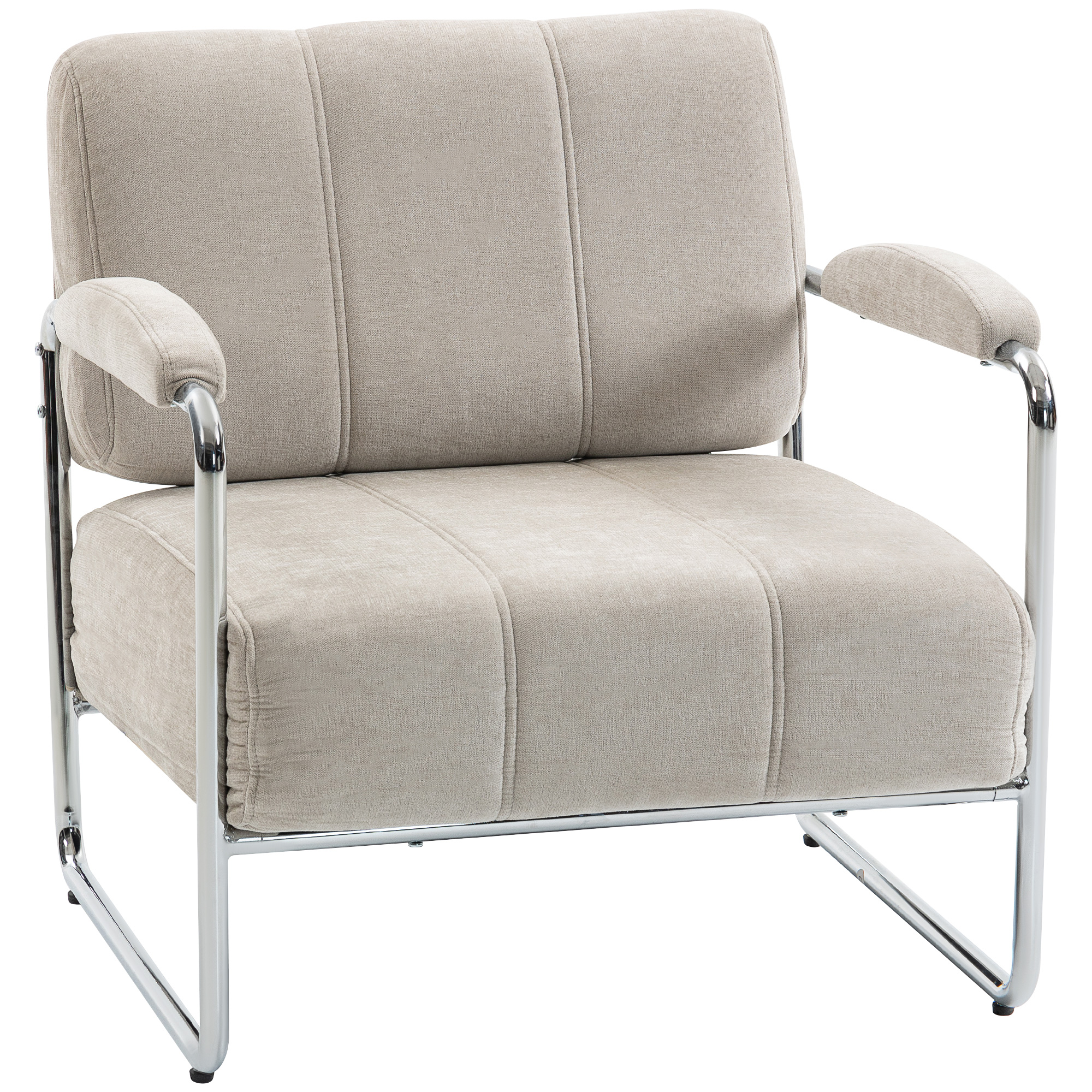 Una poltrona beige con telaio cromato e cuciture verticali.