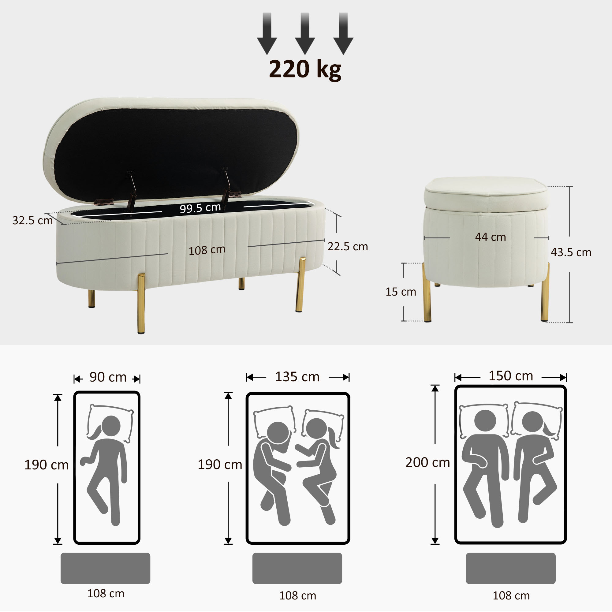 Illustrazioni di una panca contenitore bianca e un pouf, con dimensioni e peso.