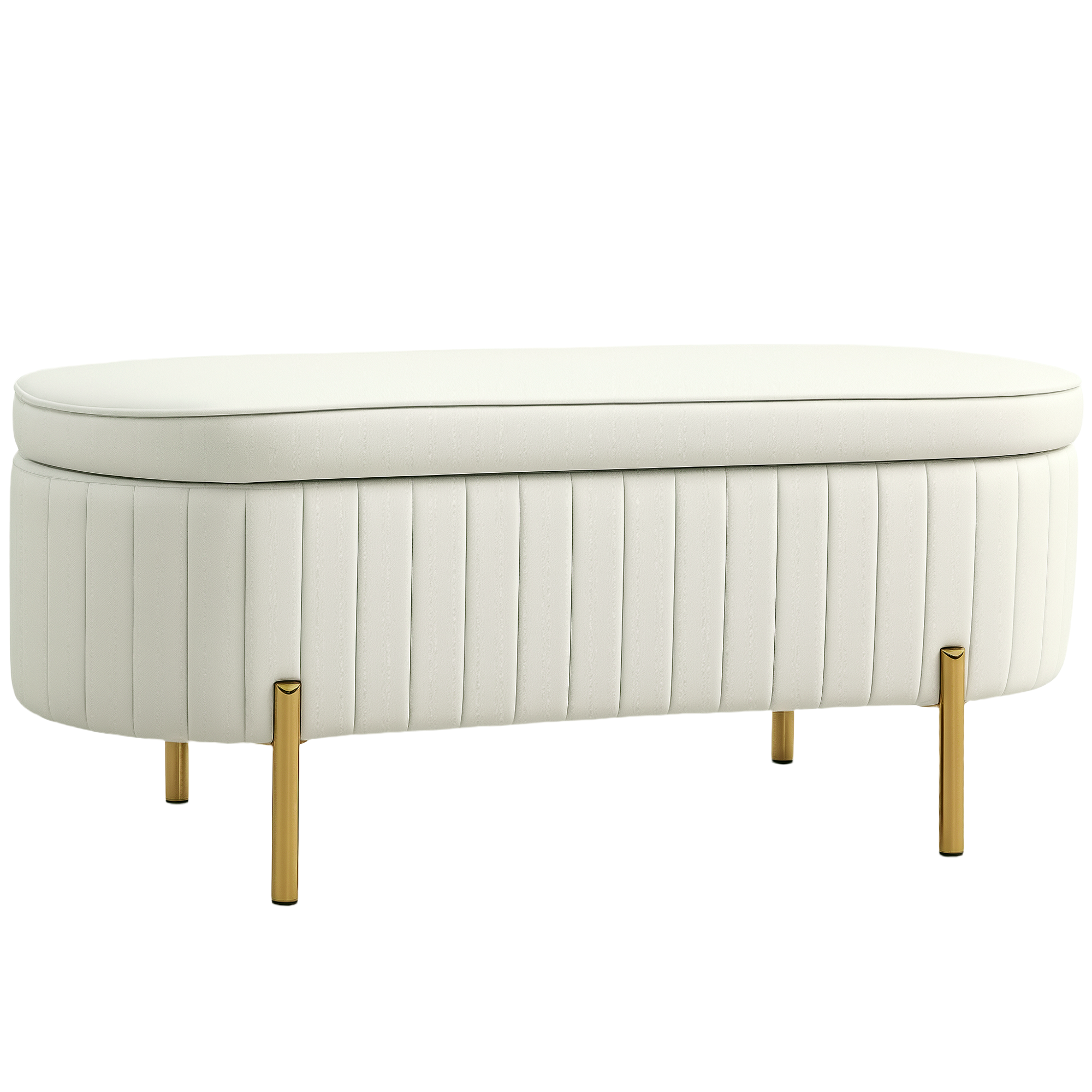 Un pouf ovale bianco imbottito con cuciture verticali e gambe dorate.