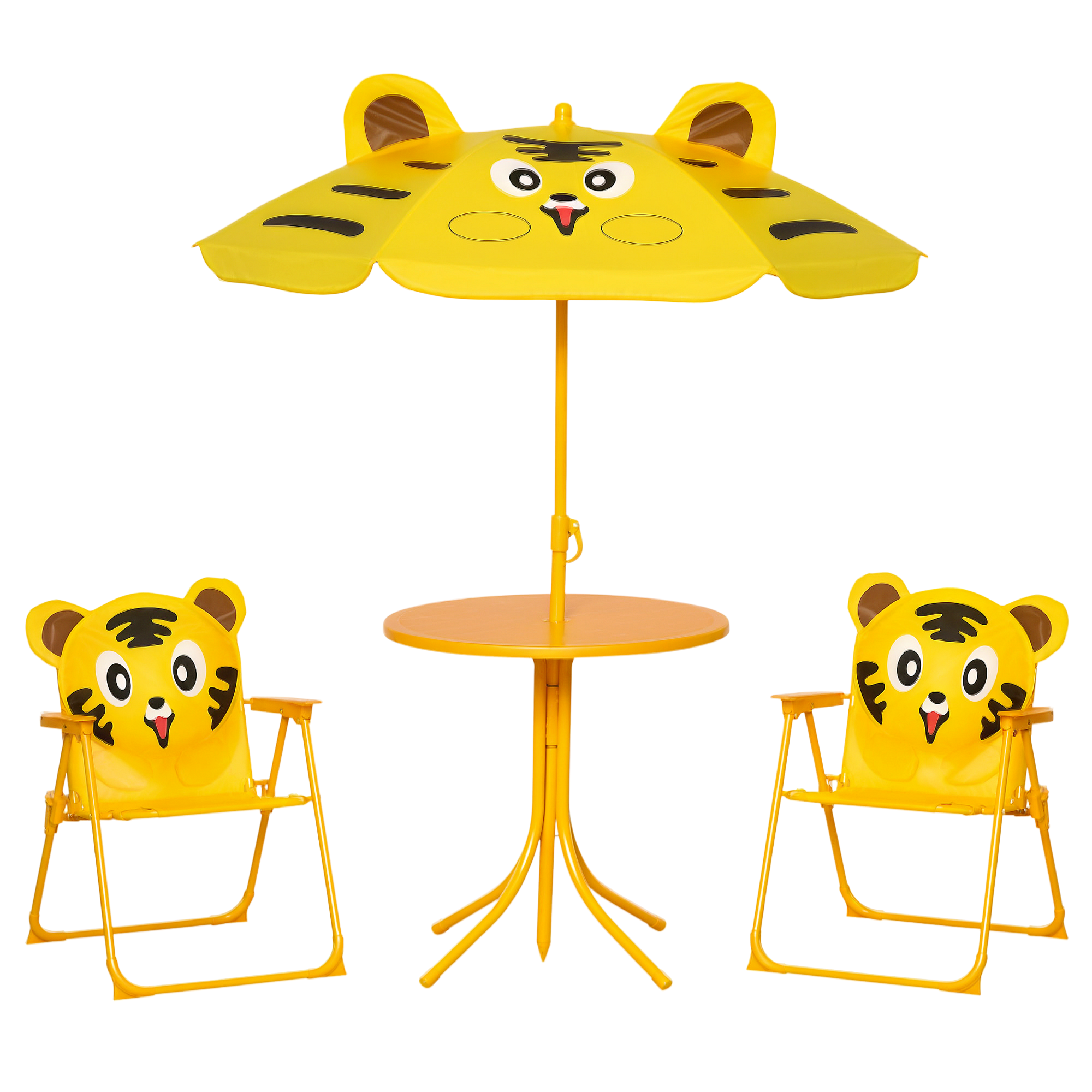 Set tavolo per bambini giallo a tema tigre con ombrellone.