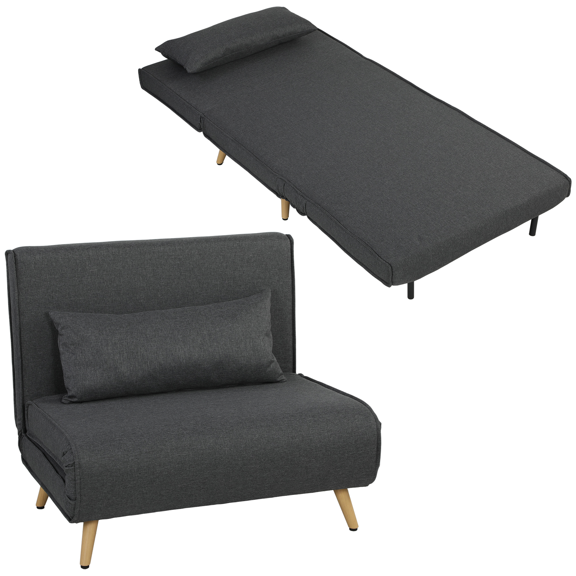 Divano letto grigio scuro in due configurazioni: come poltrona con cuscino e come letto.