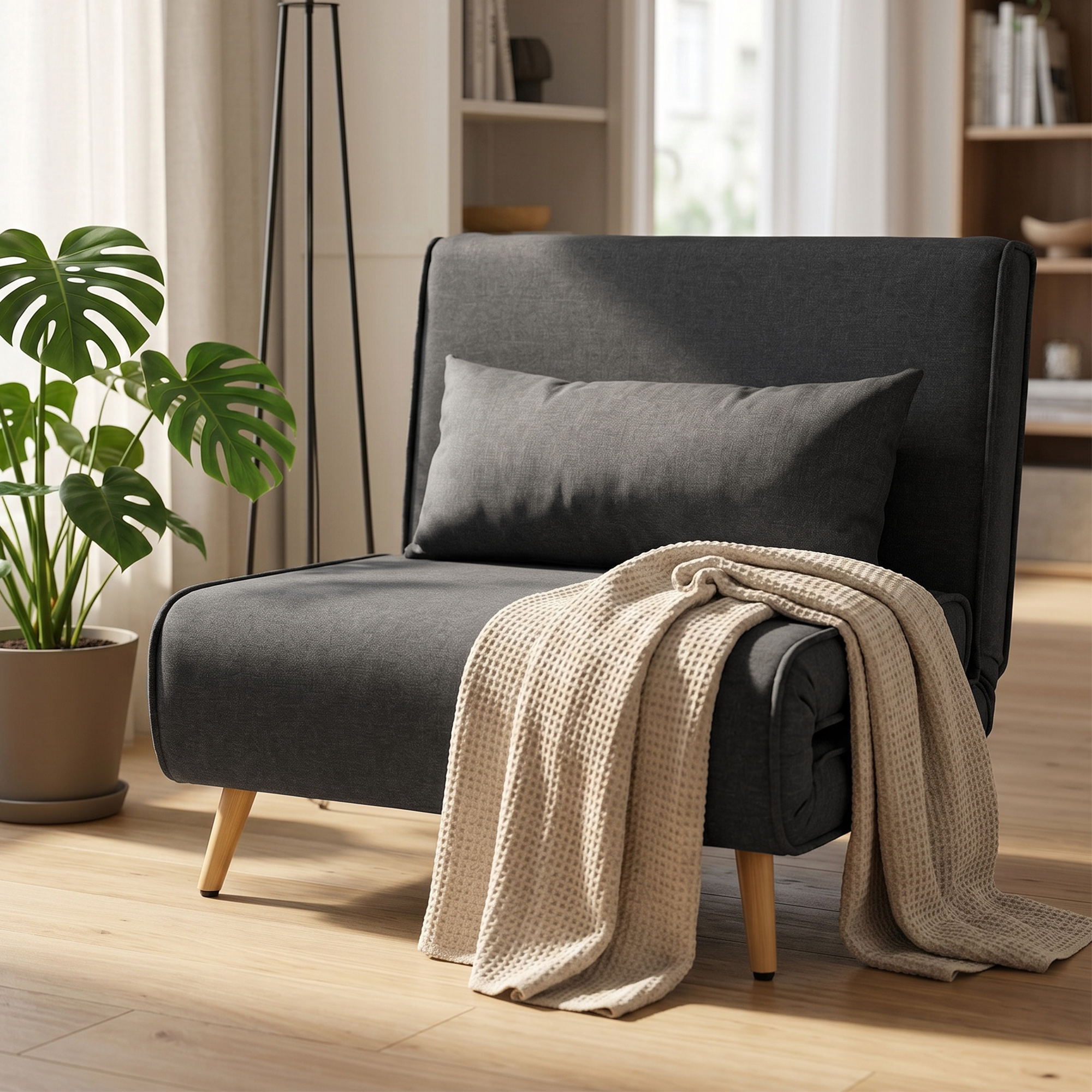 Una poltrona scura con cuscino e coperta poggia su un pavimento in legno.