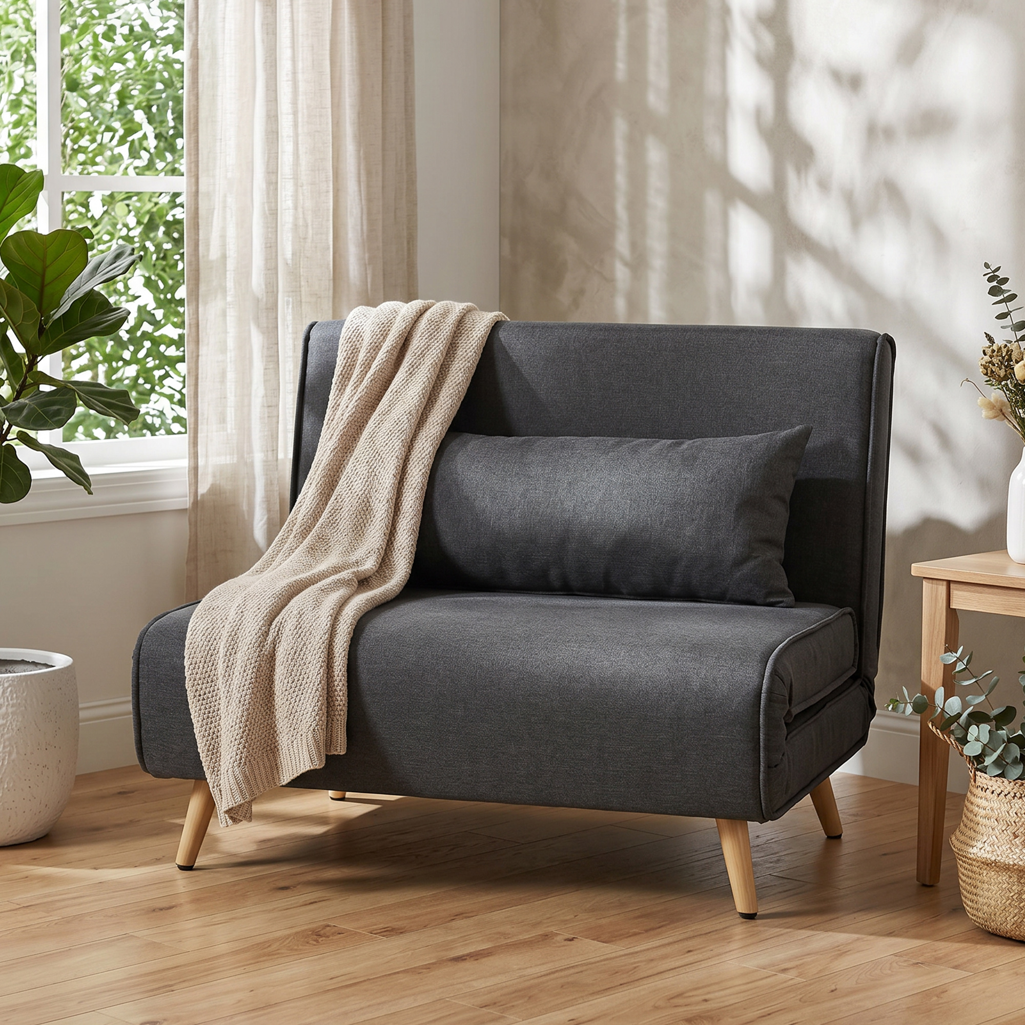 Un divano letto scuro con coperta e cuscino.