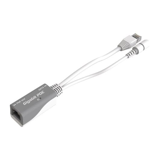 Szary i biały iniektor Gigabit PoE z dwoma białymi kablami.